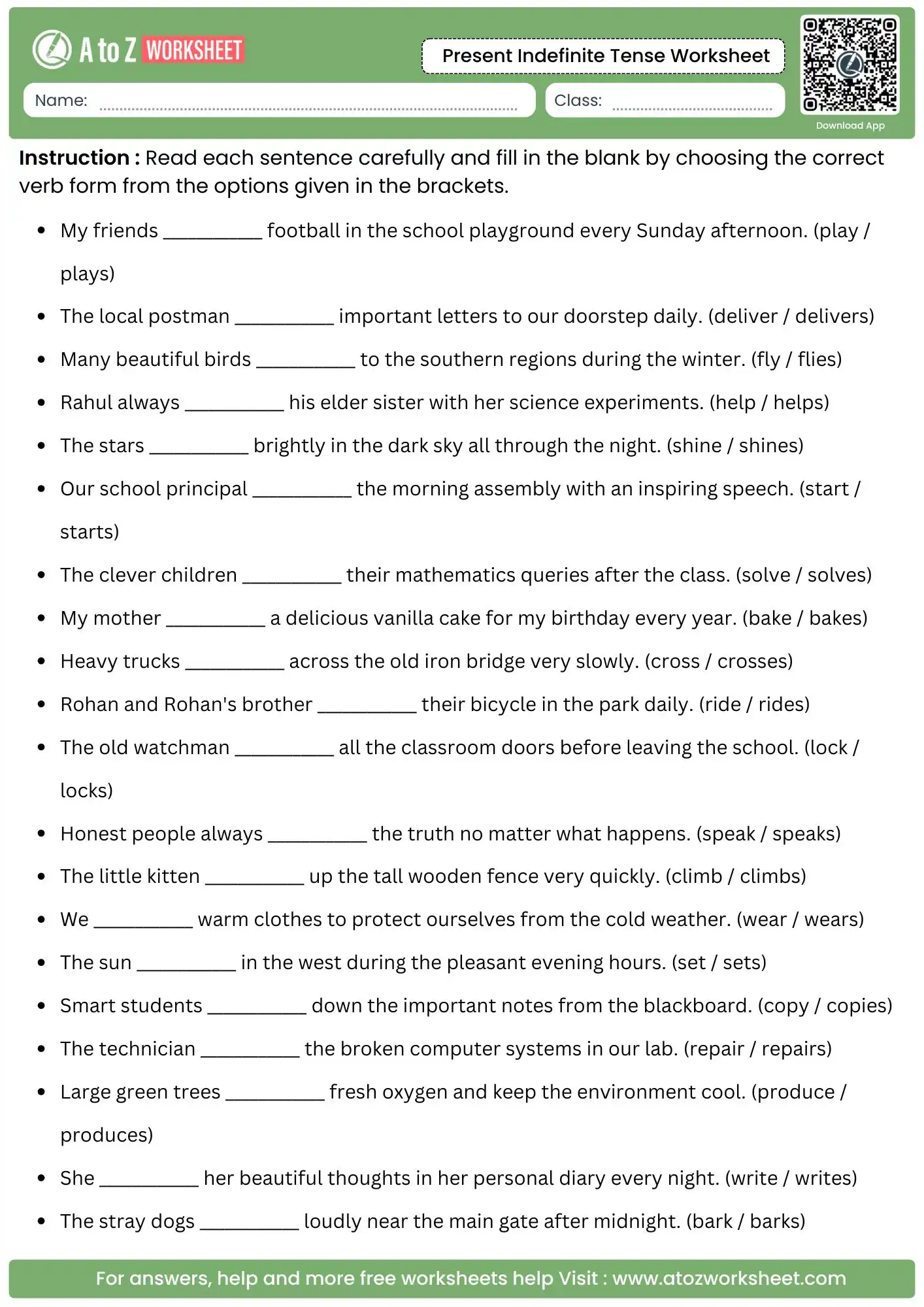 multiple choice present indefinite tense worksheets for tracking plural and singular subject agreement