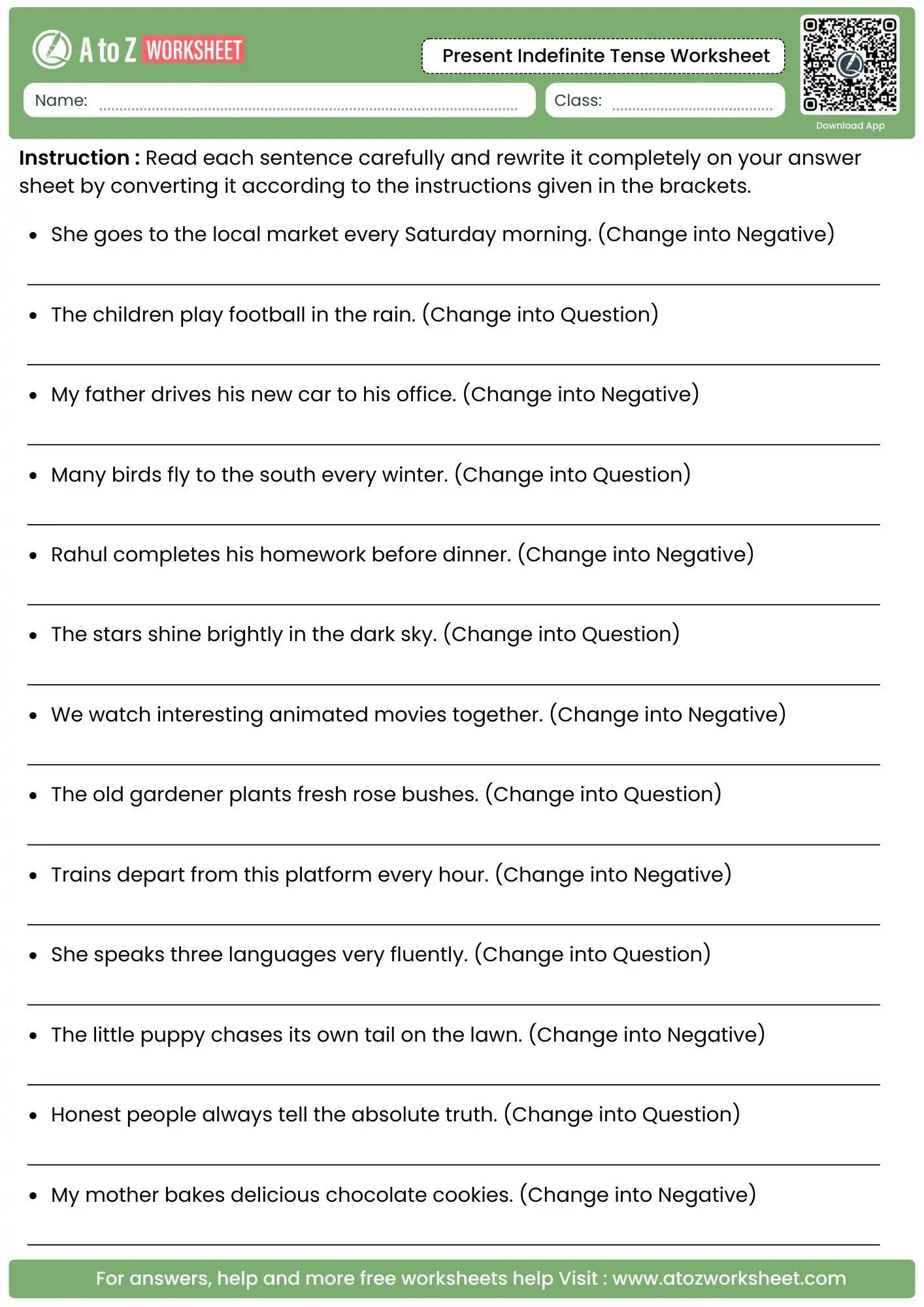 sentence re writing present indefinite tense worksheets focusing on negative and question formats