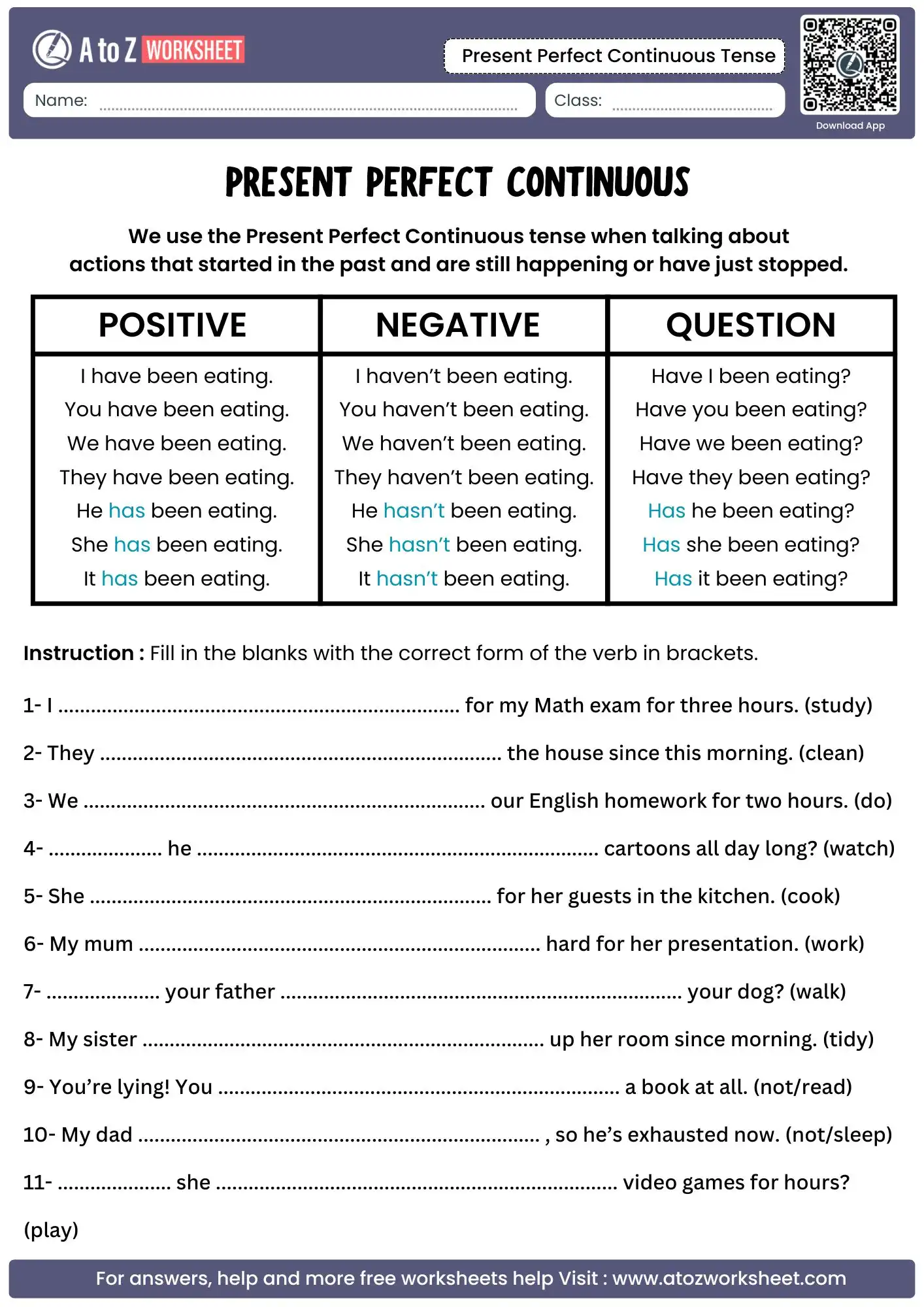 present perfect continuous tense worksheets showing a conversational sentence completion drill with bracketed verbs