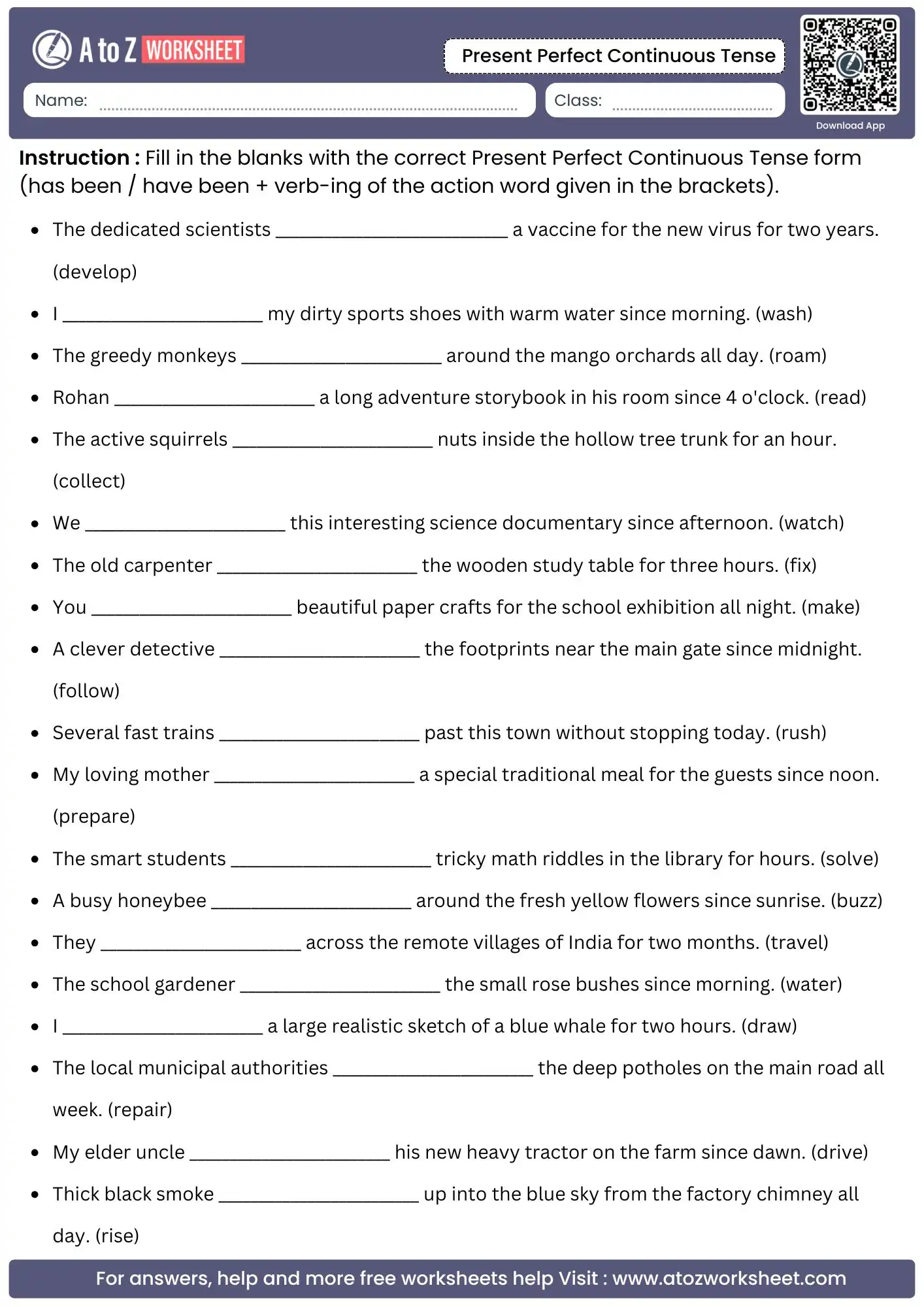 advanced long form contextual sentence mapping on present perfect continuous tense worksheets printables