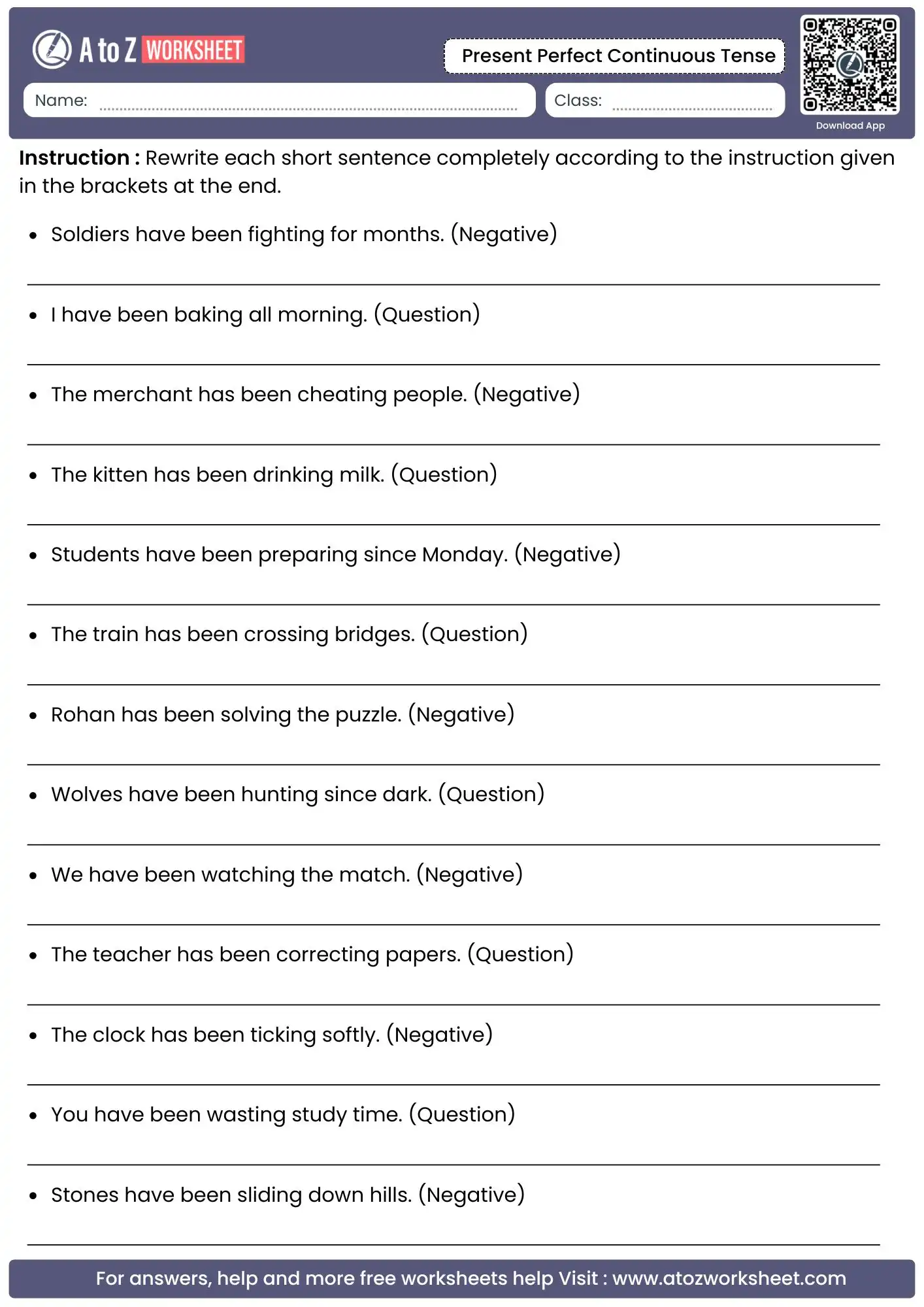 statement inversion columns from the present perfect continuous tense worksheets collection
