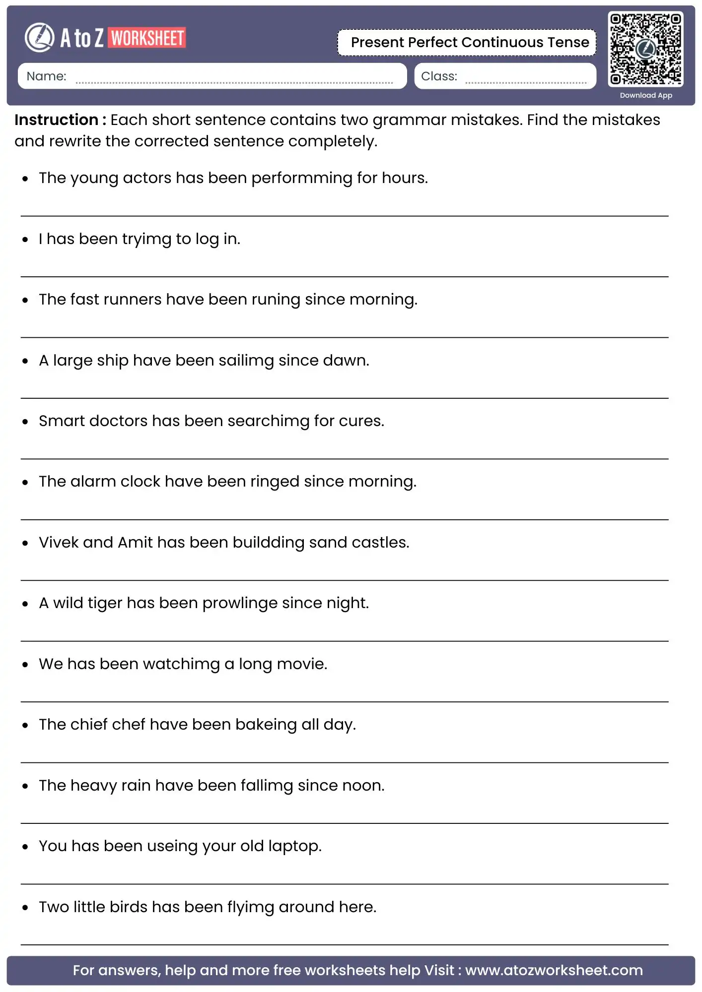 dual syntax error correction activities inside present perfect continuous tense worksheets sets