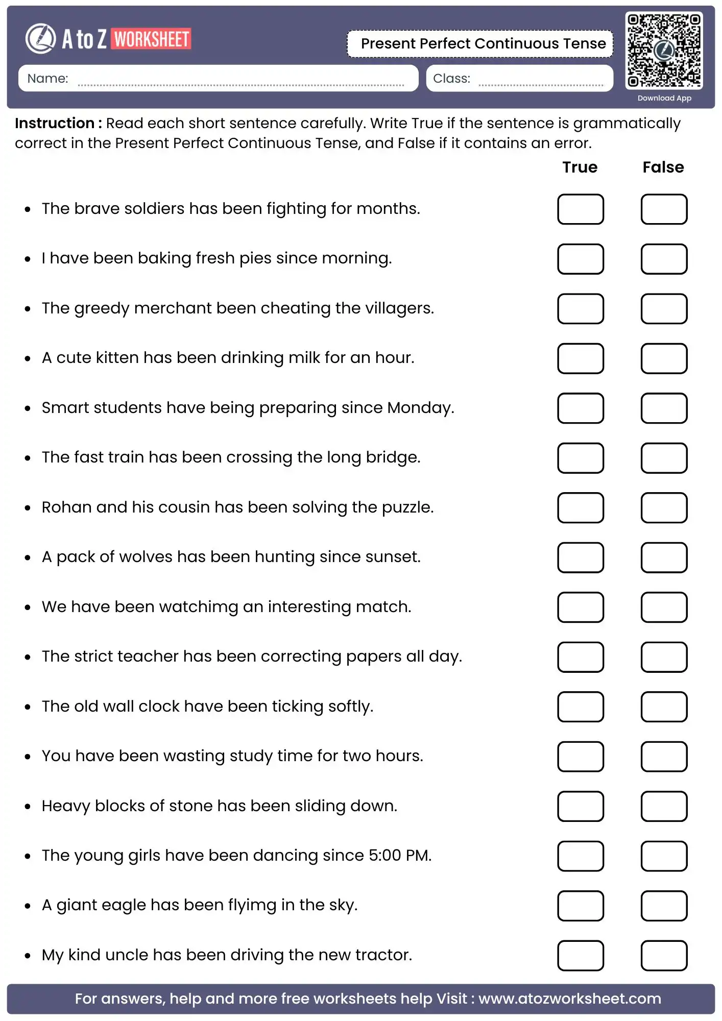 true or false validation matrices on present perfect continuous tense worksheets layouts