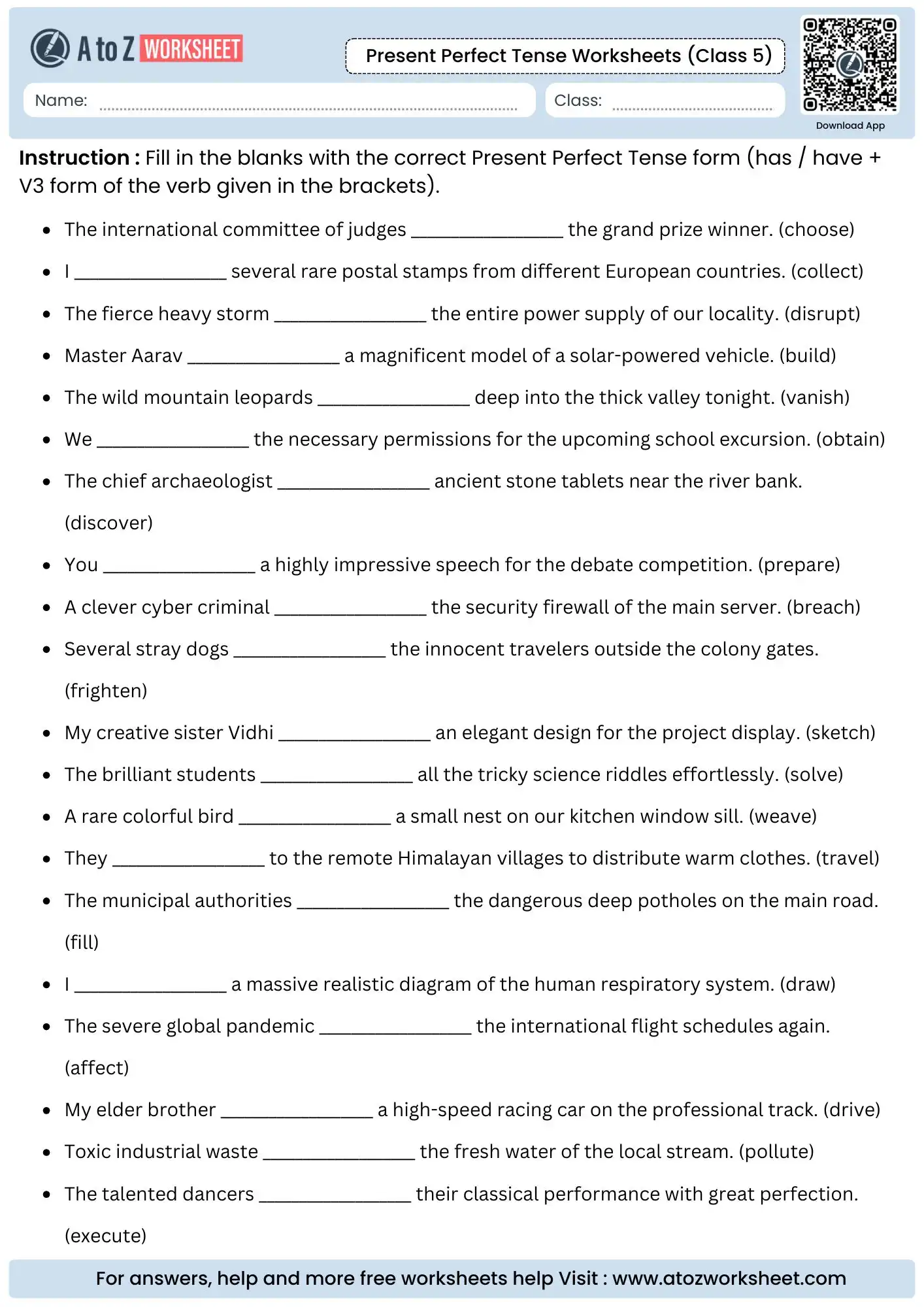 present perfect tense worksheets for class 5 showing participle selection blocks for plural and singular nouns