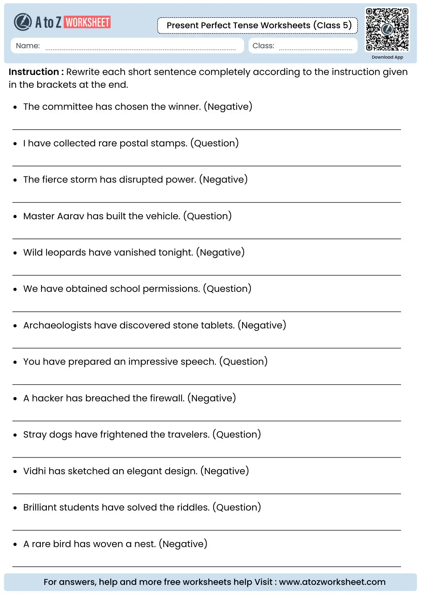 dynamic statement negation grids featured on present perfect tense worksheets for class 5 printables