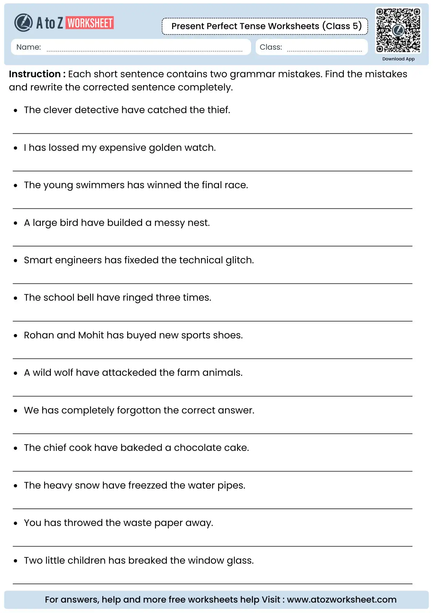 dual error tracking and self editing frameworks inside present perfect tense worksheets for class 5 sets