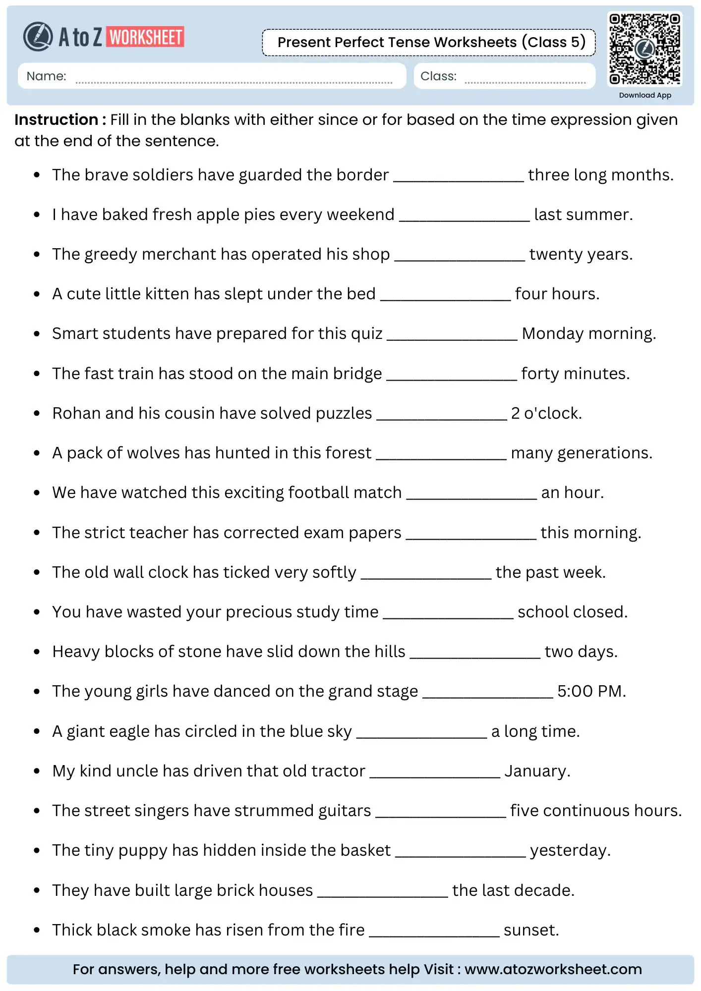 time indicator tracking tasks from the present perfect tense worksheets for class 5 collection