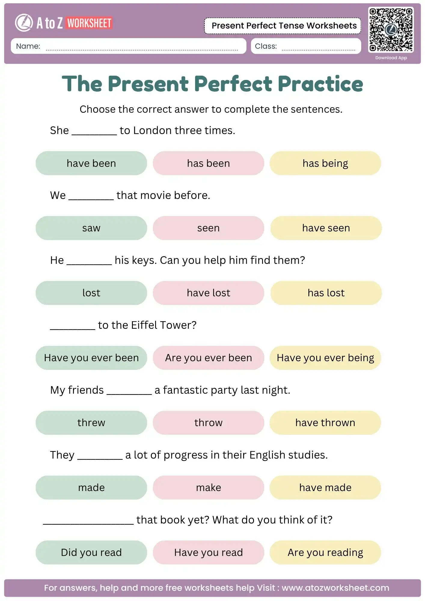 present perfect tense worksheets displaying a multi-choice helper verb and past participle option test