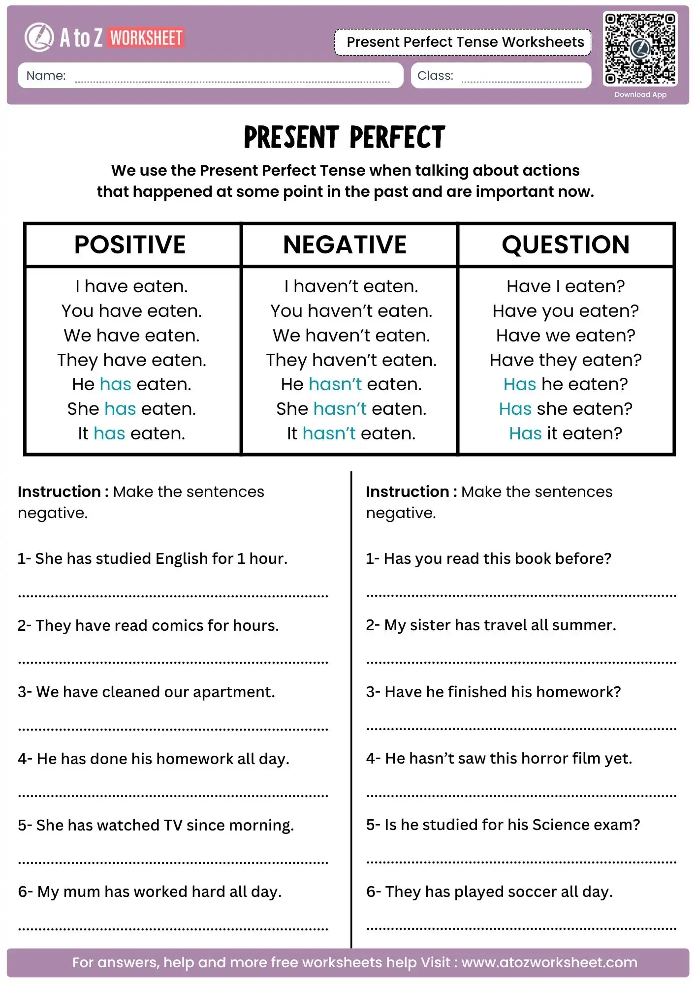 sentence negation structure tables featured on present perfect tense worksheets layouts