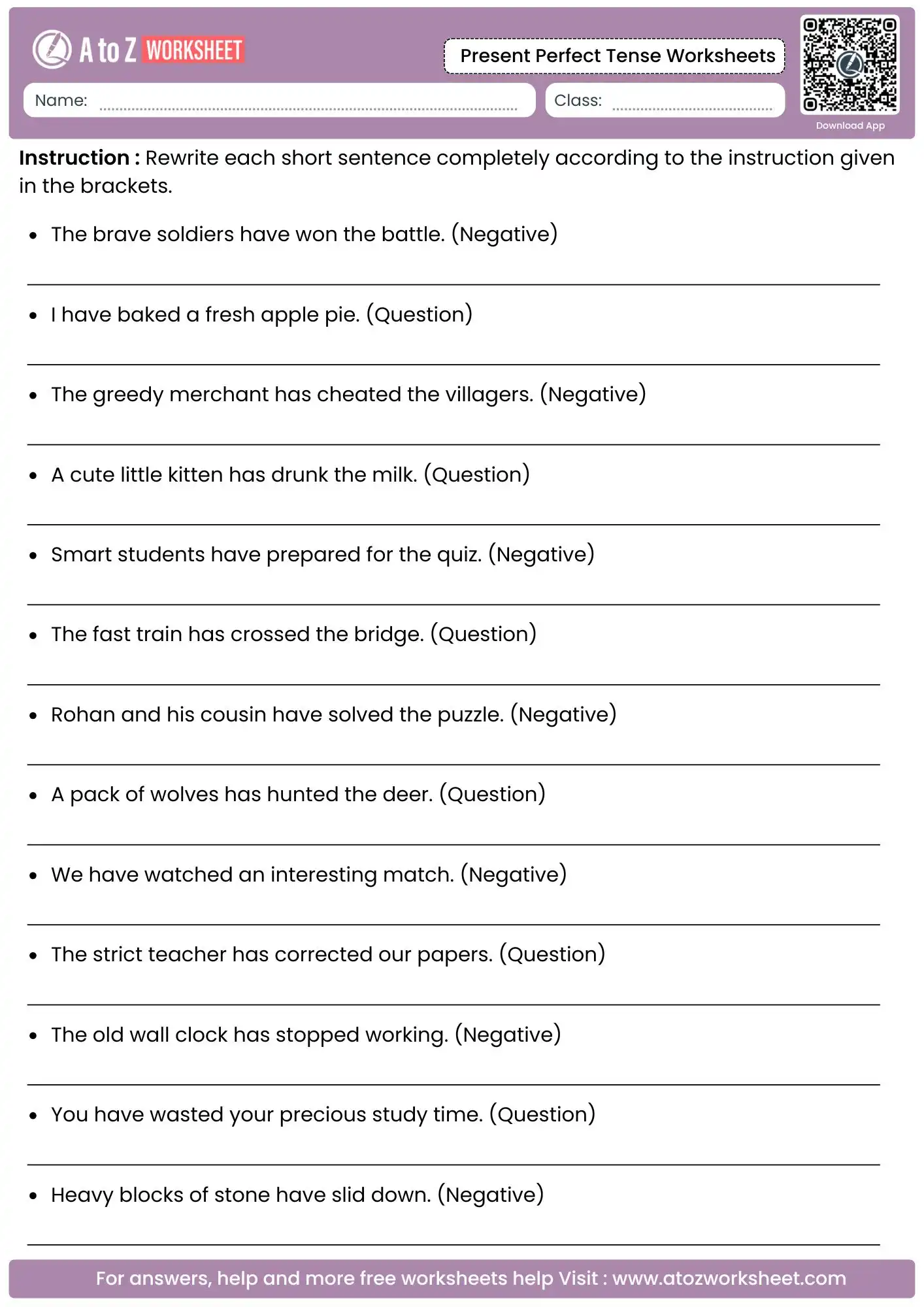 interrogative and negative statement flipping drills inside present perfect tense worksheets sets