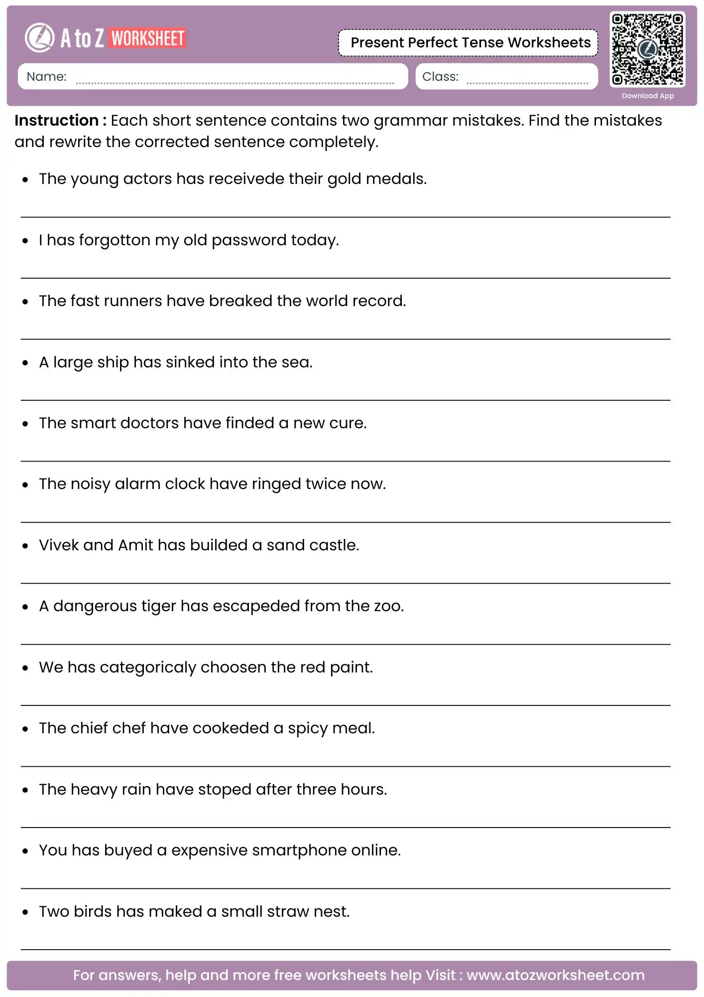 dual grammar error analysis and proofreading challenges on present perfect tense worksheets formats