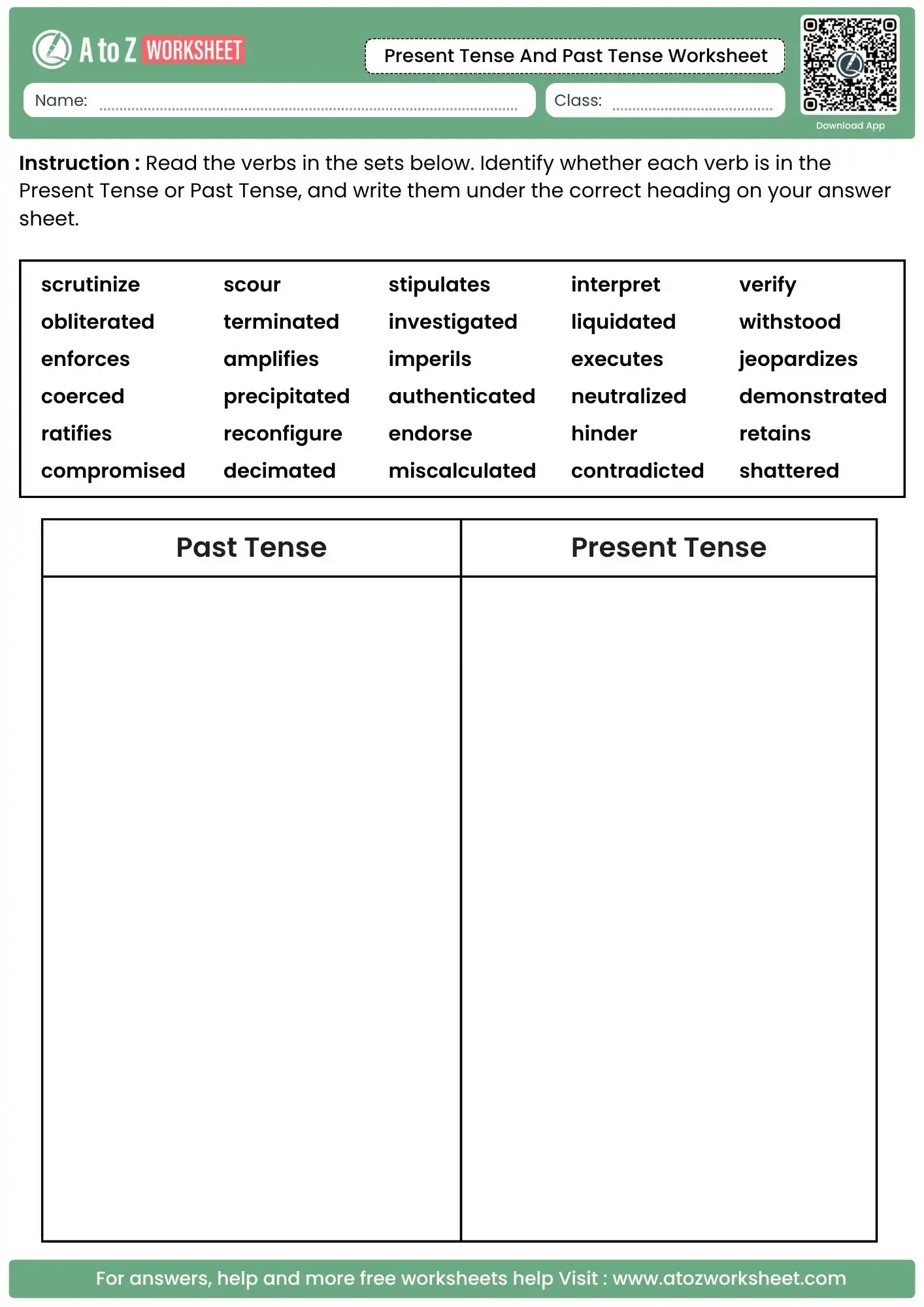 vocabulary building using present tense and past tense worksheets.