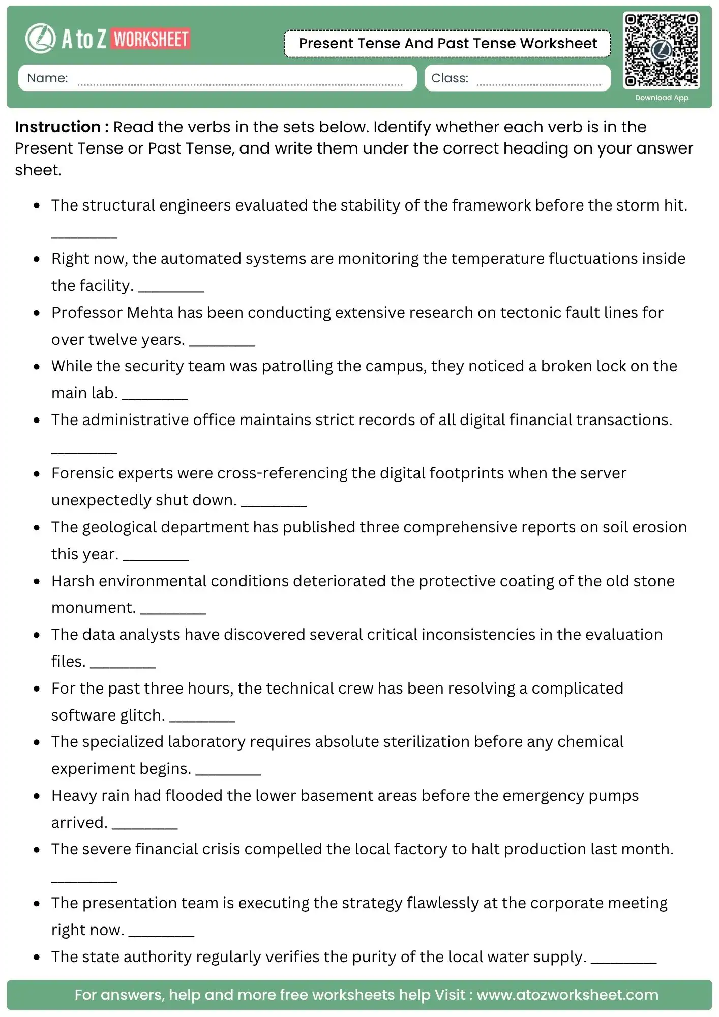 identifying verb usage in present tense and past tense worksheets.
