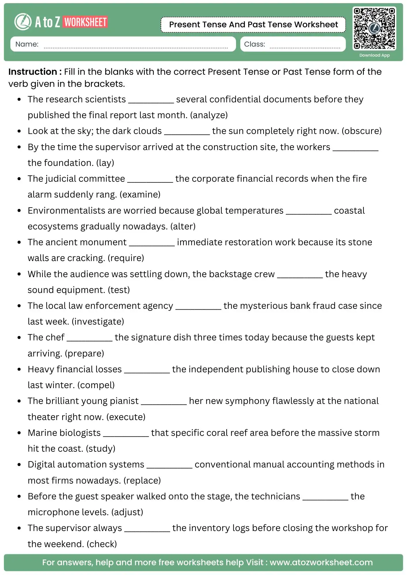 fill in the blank present tense and past tense worksheets for school.