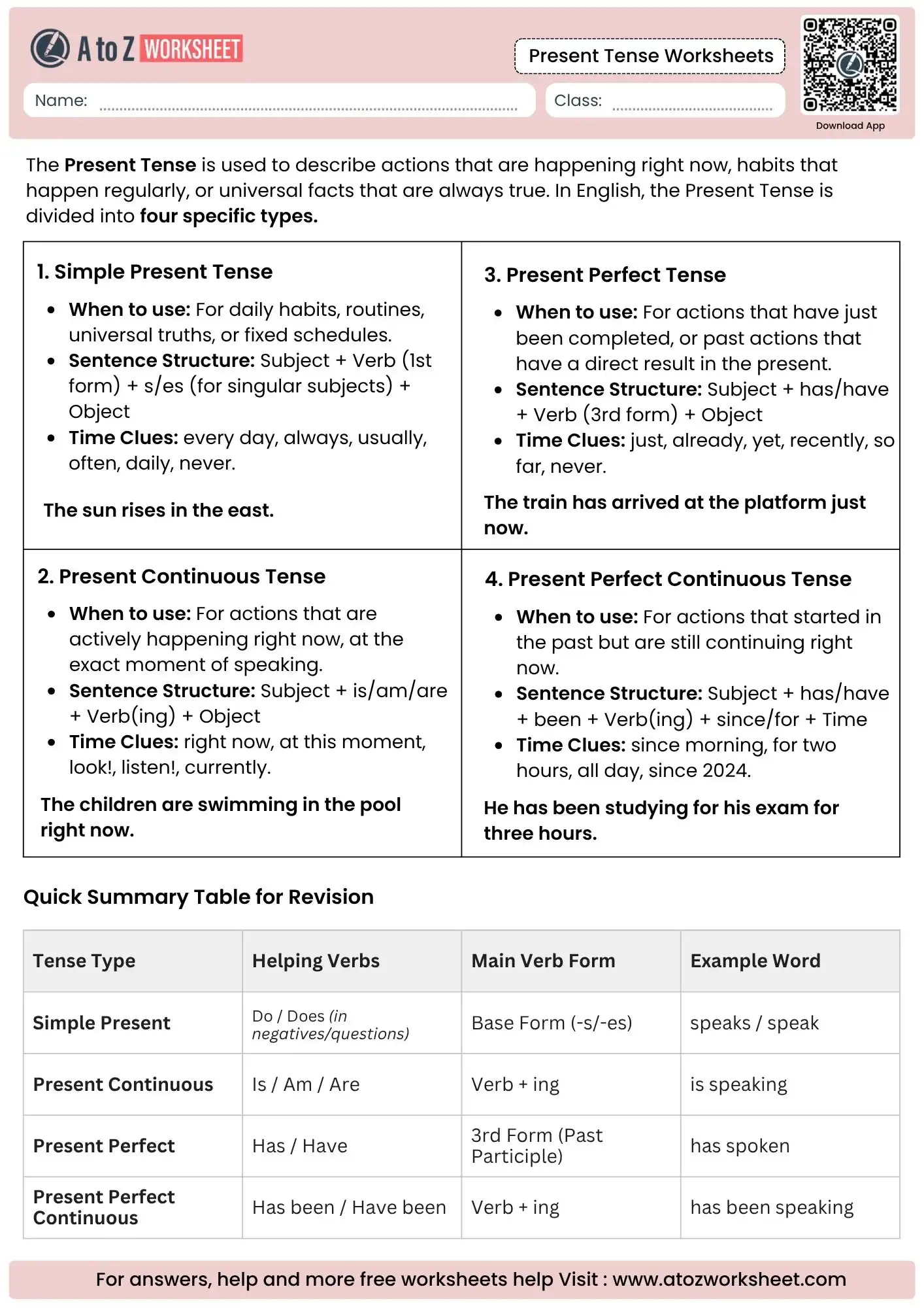 present tense worksheets displaying a multi column revision summary table of four active verb variations