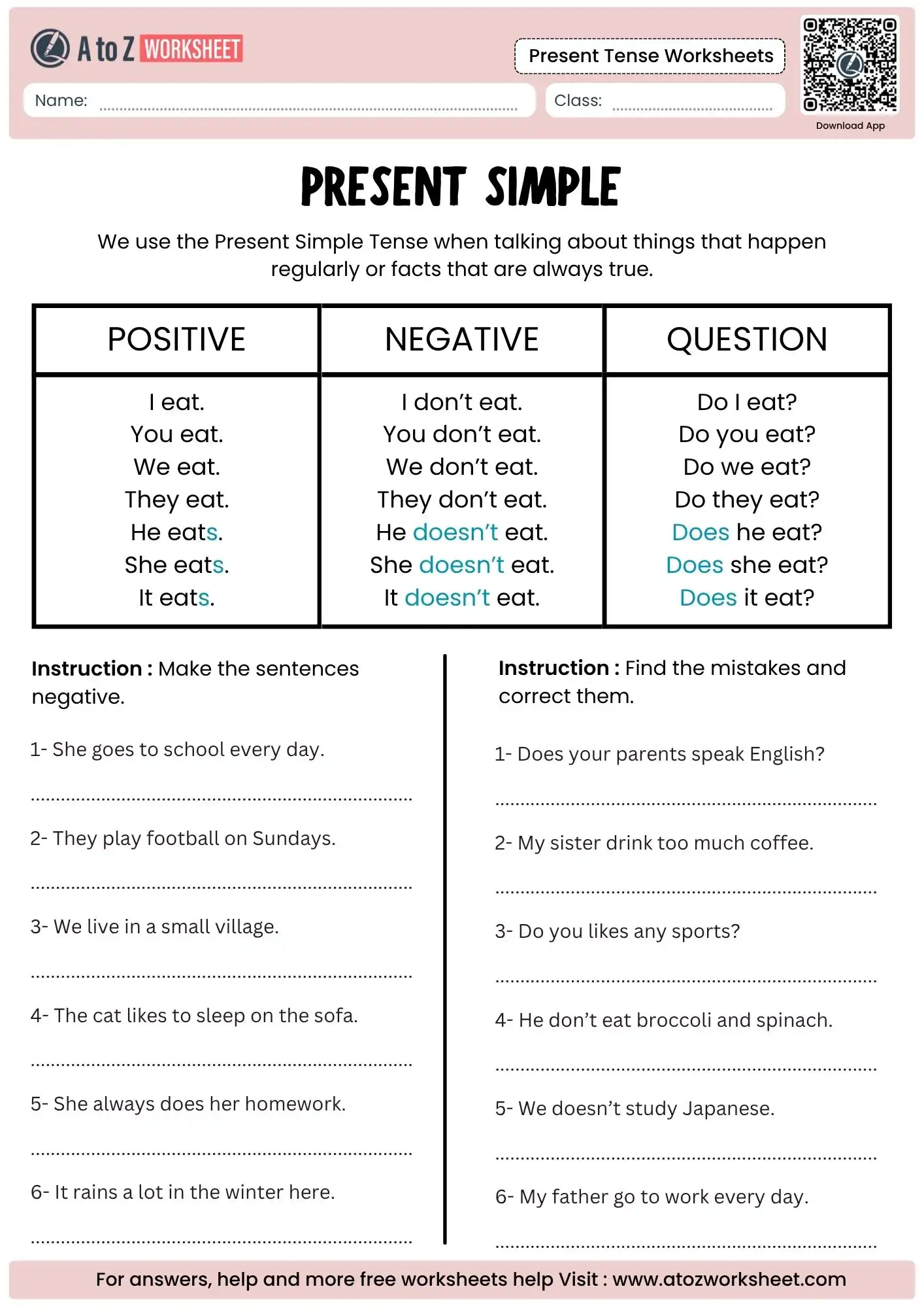 simple present tense worksheets with positive negative and question sentence grids