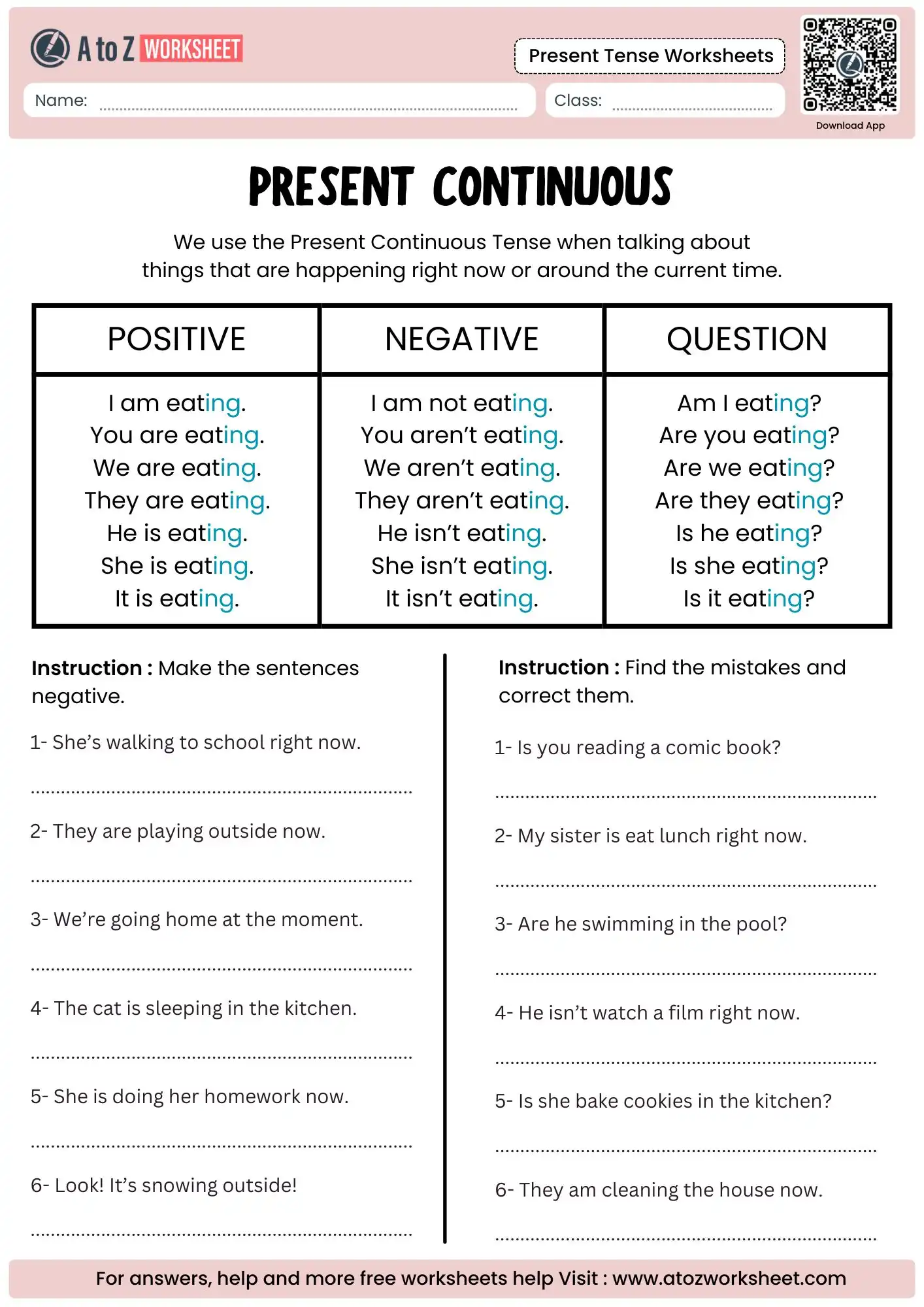ongoing present tense worksheets focusing on identifying progressive action mistakes