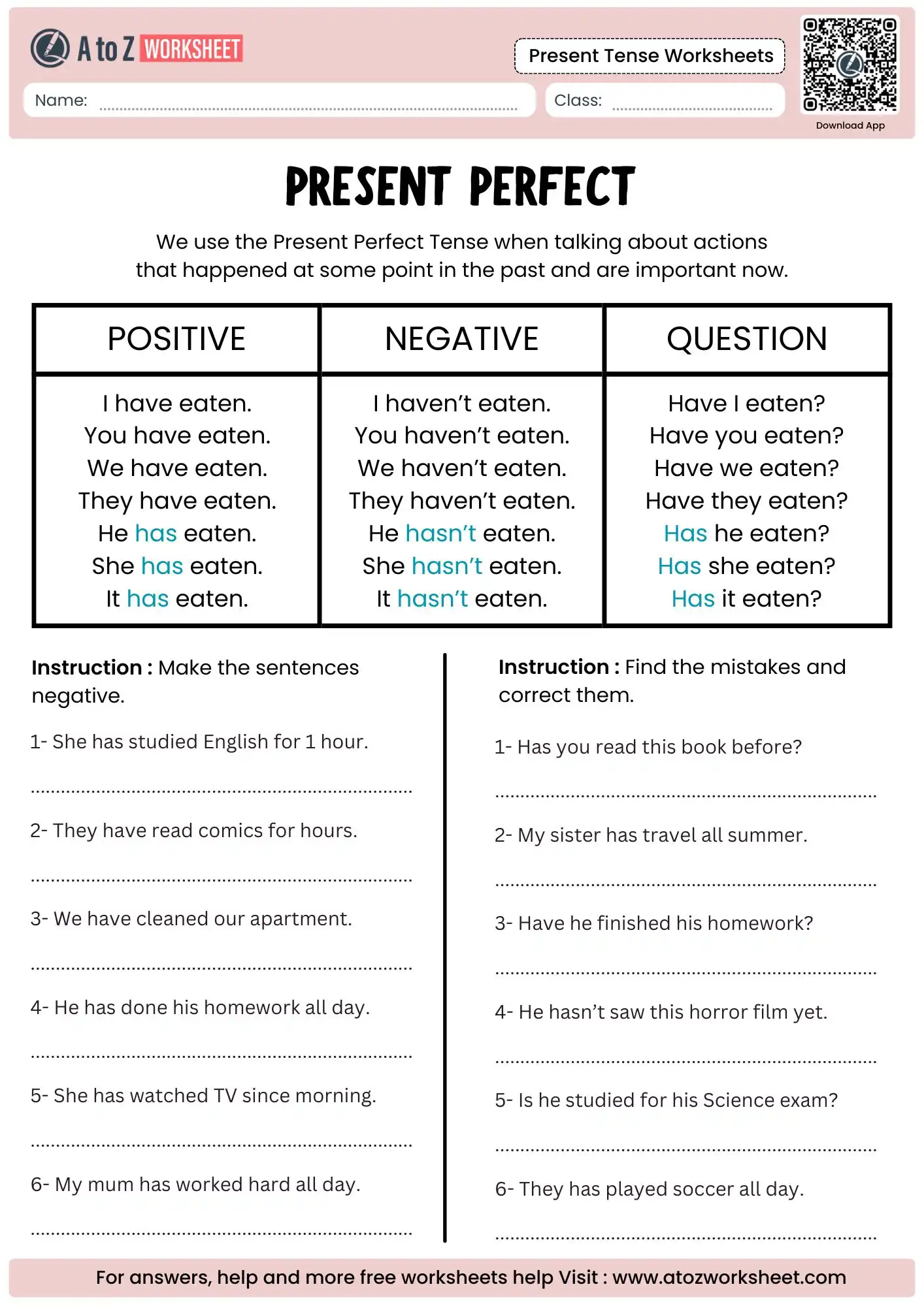 complete present tense worksheets targeting perfect past participle verbs