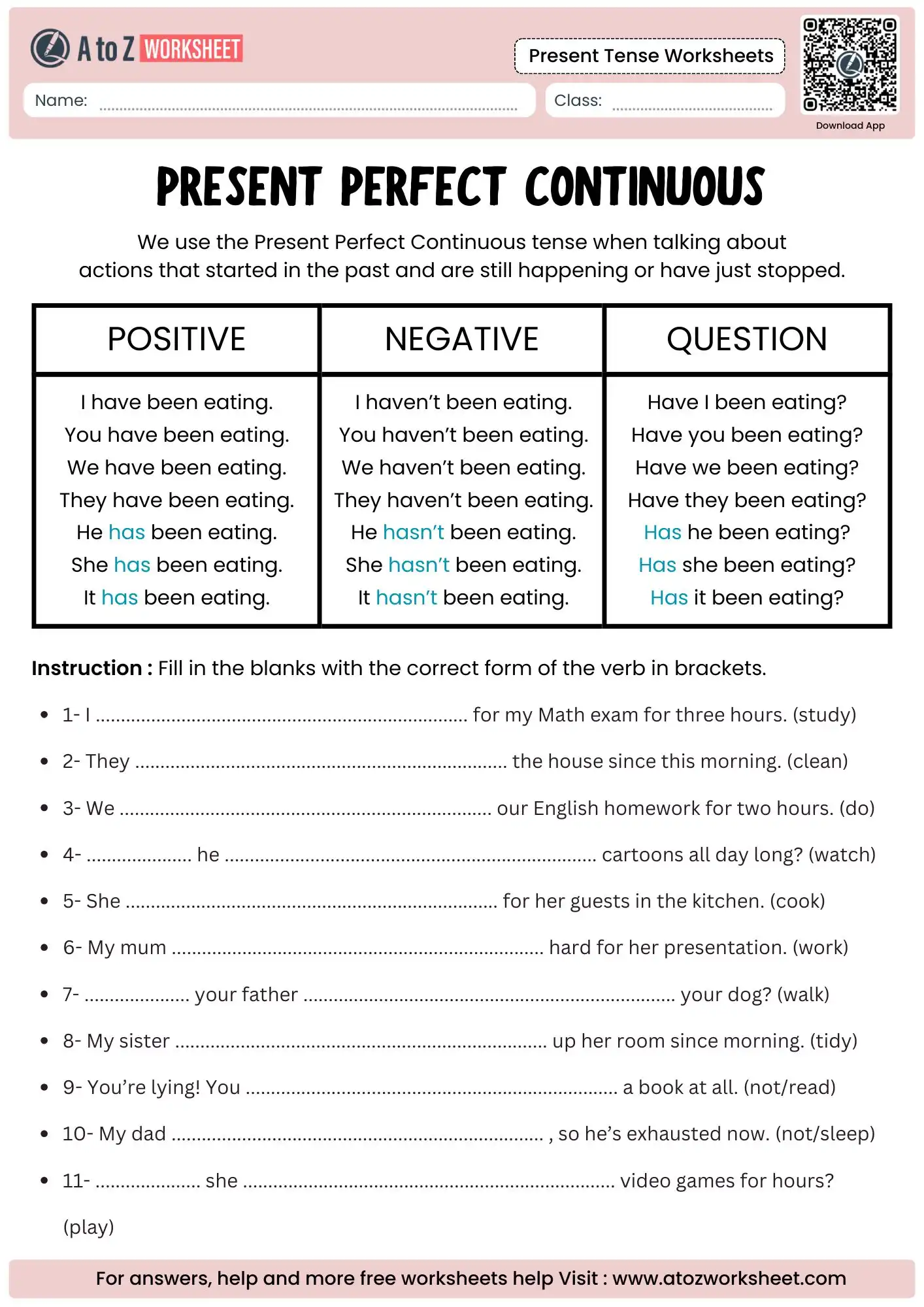 progress tracking present tense worksheets with progressive continuous blank fields