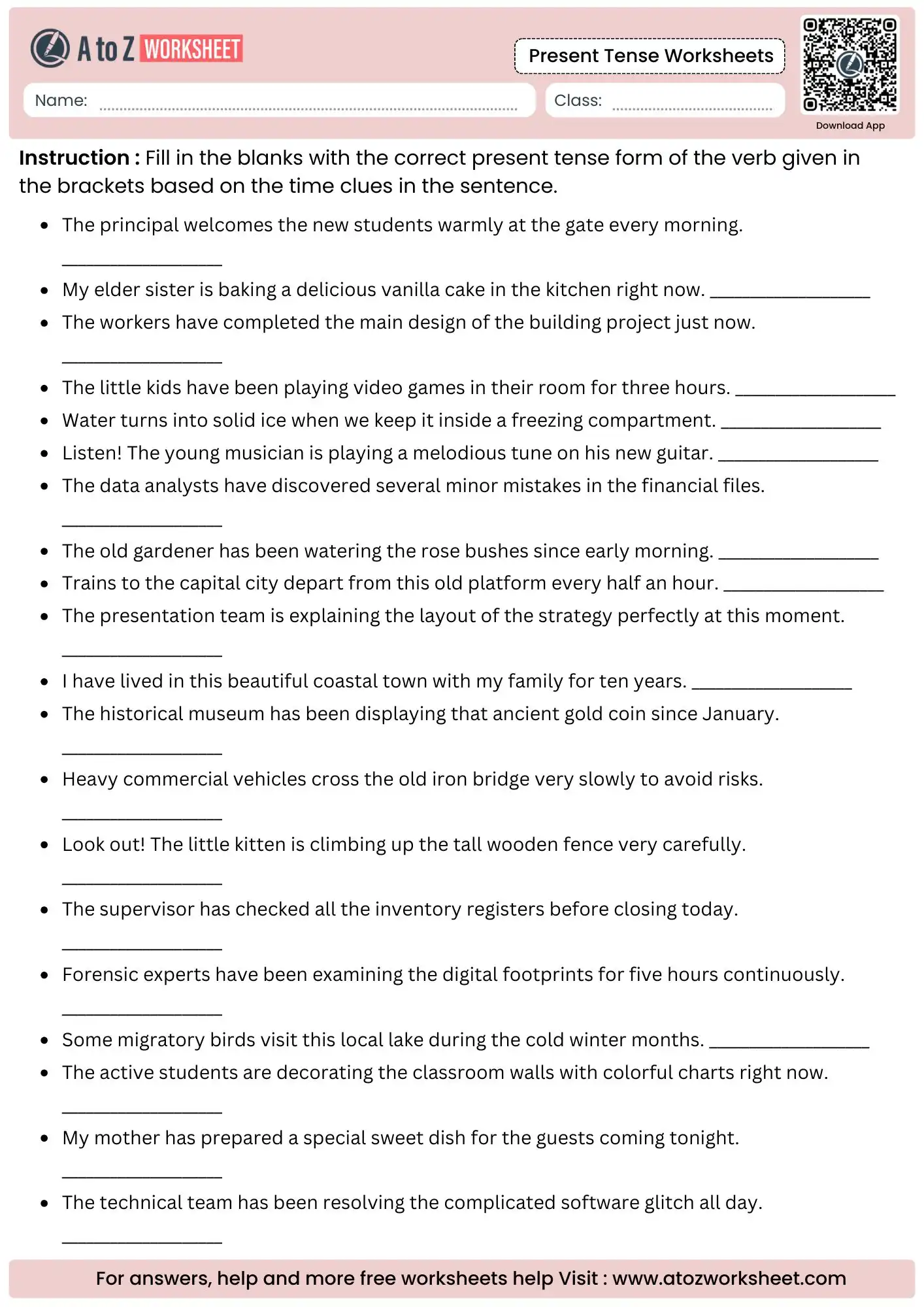 analytical identification present tense worksheets with empty spaces for time structural classification
