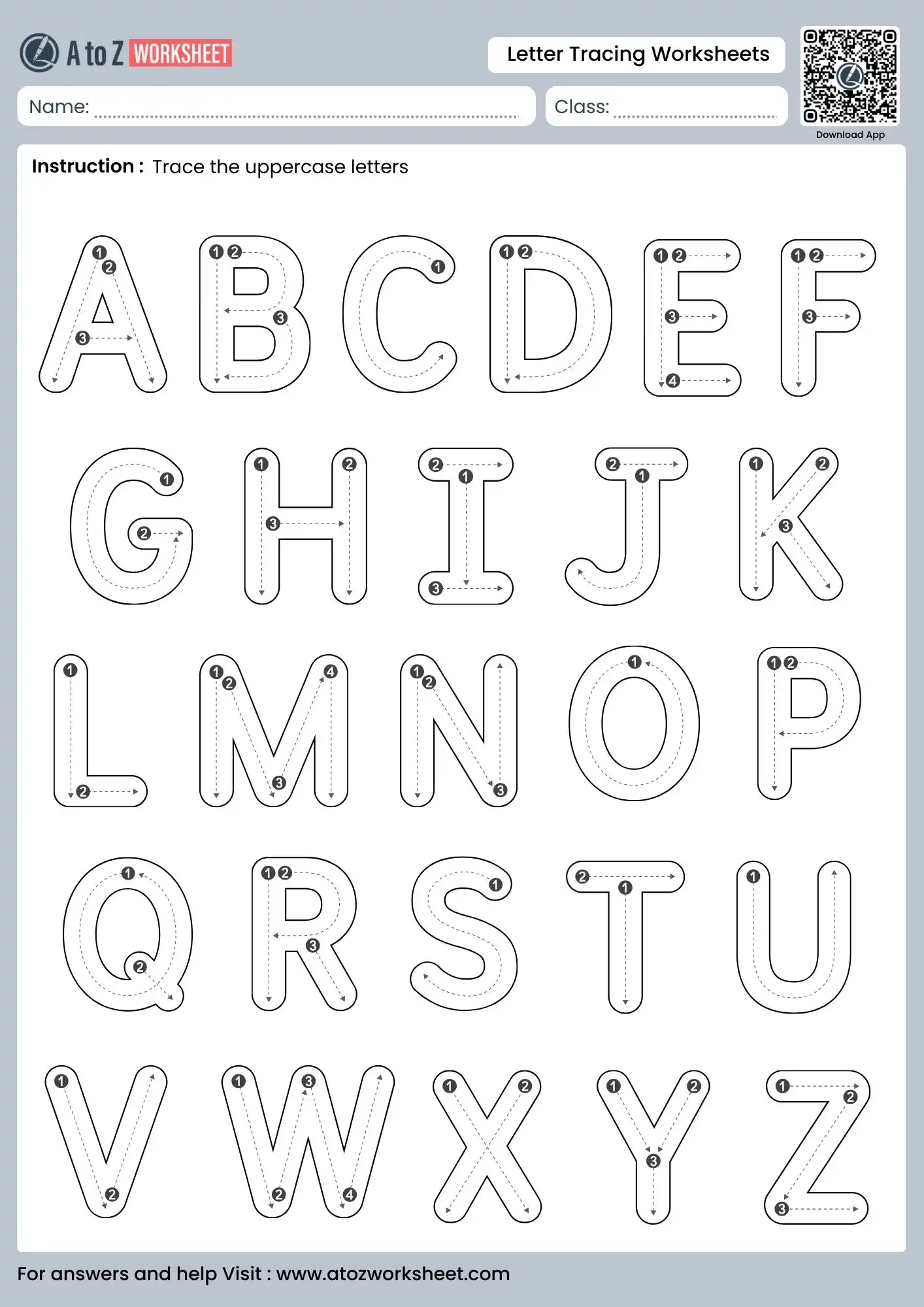 printable letter tracing worksheets with directional arrows for uppercase A-Z
