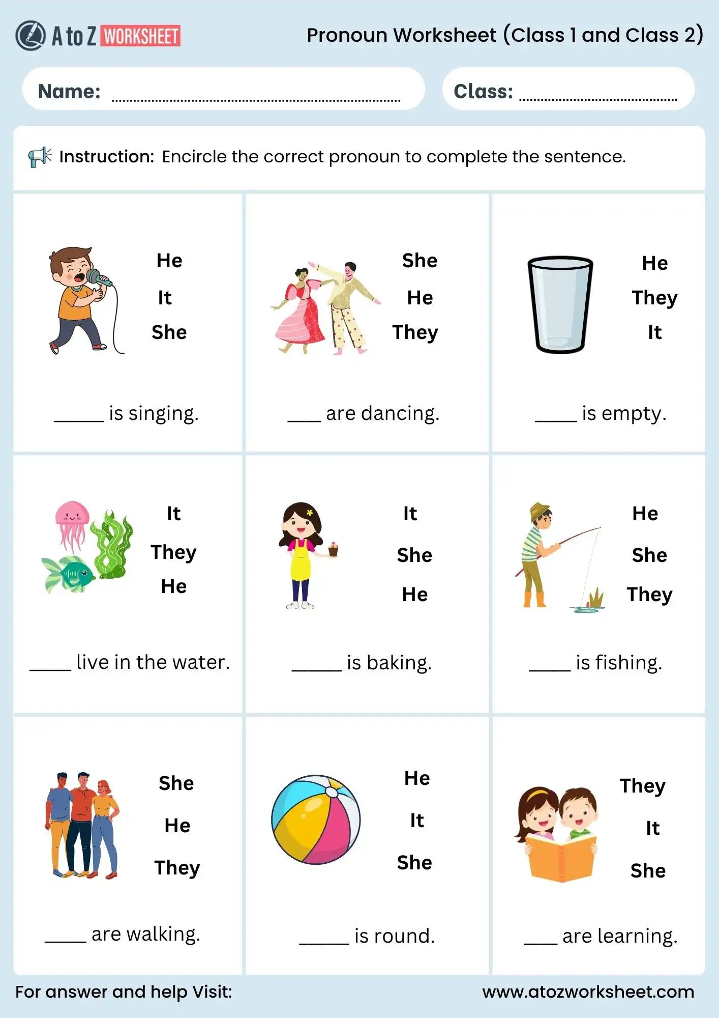 pronoun worksheets for class 1 and class 2 circle correct answer