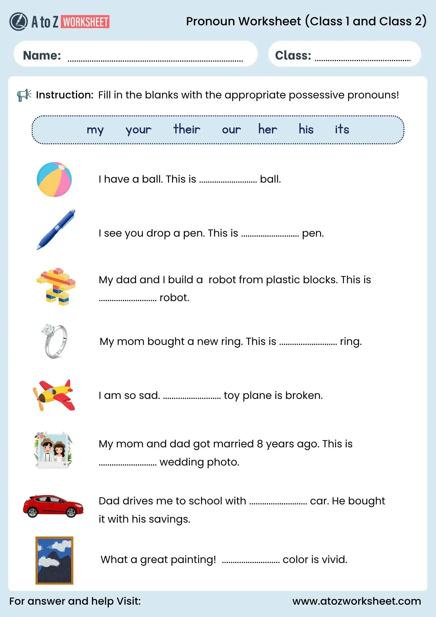 pronoun worksheets for class 2 fill in the blanks activity