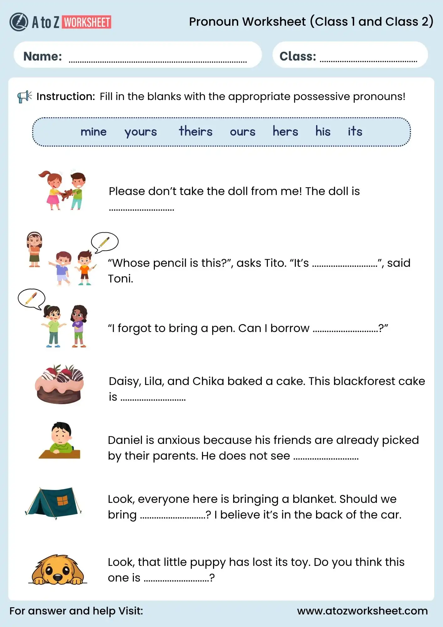 pronoun worksheets for class 1 and class 2 possessive pronoun practice