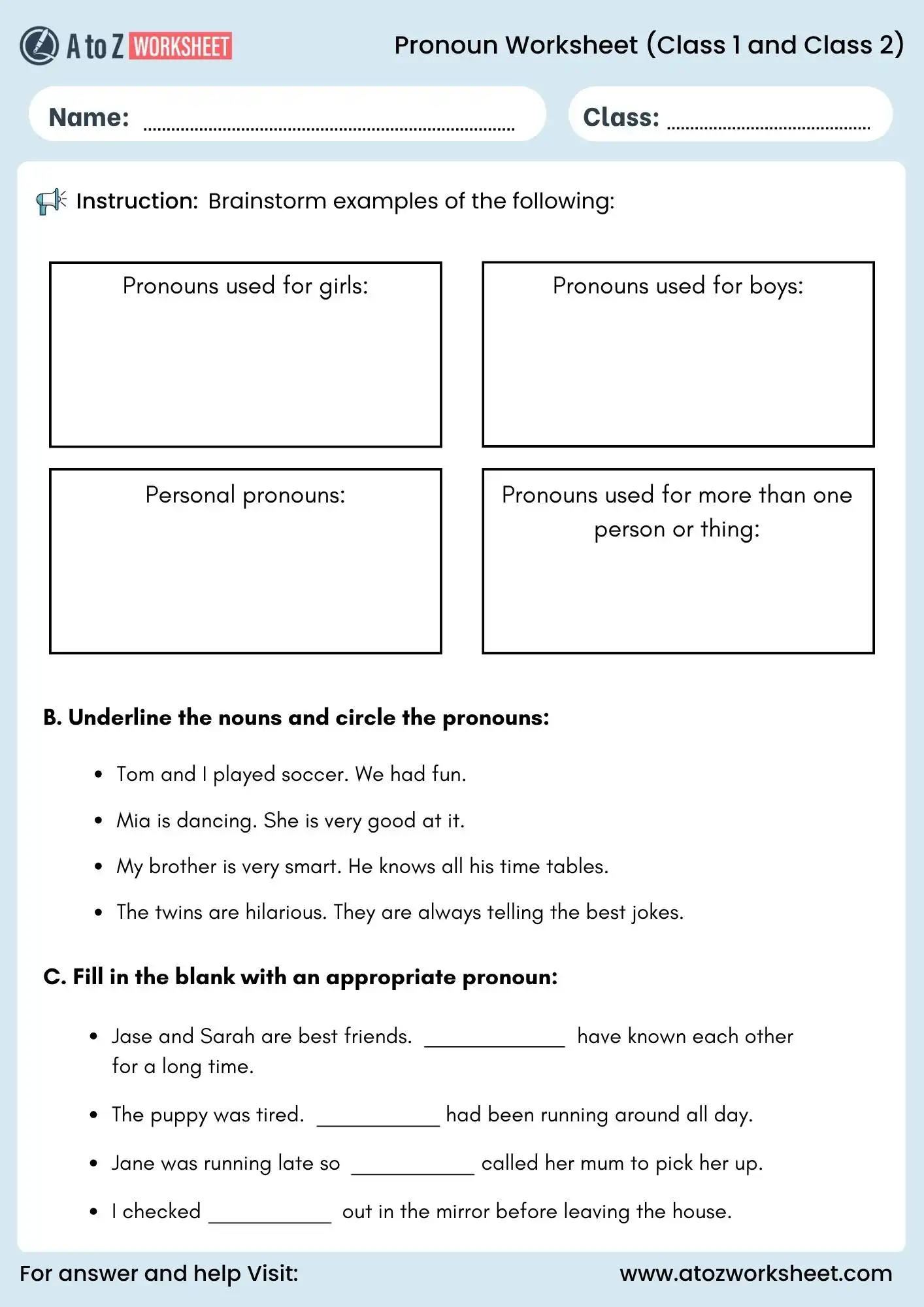 pronoun worksheets for class 2 underline and brainstorm pronouns