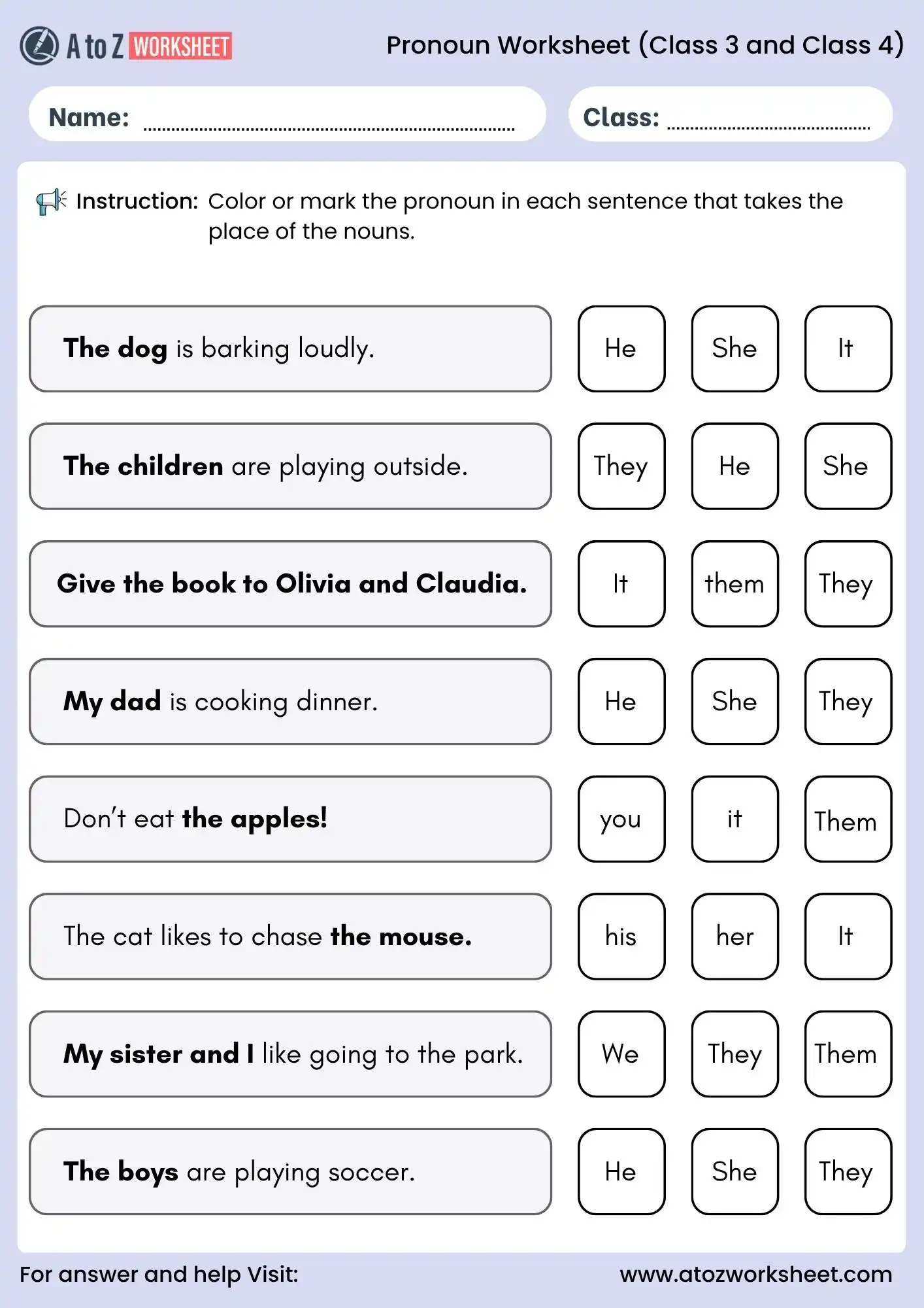 pronoun worksheets for class 3 and class 4 mark correct pronoun sentences