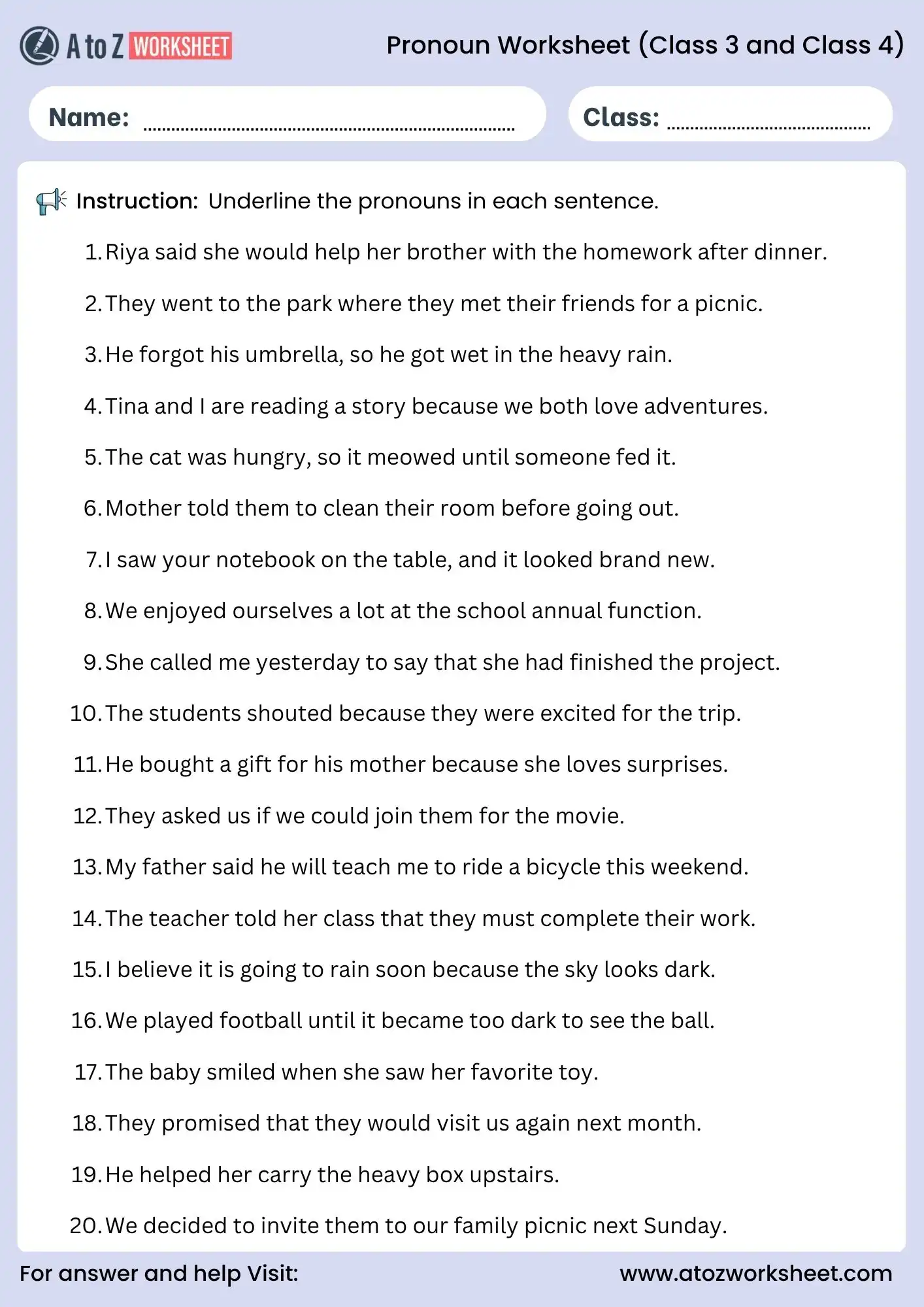 pronoun worksheets for class 3 and class 4 underline pronouns sentences