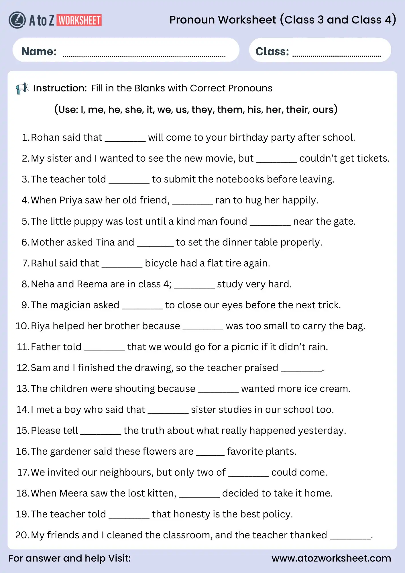 pronoun worksheets for class 3 and class 4 fill correct words grammar practice