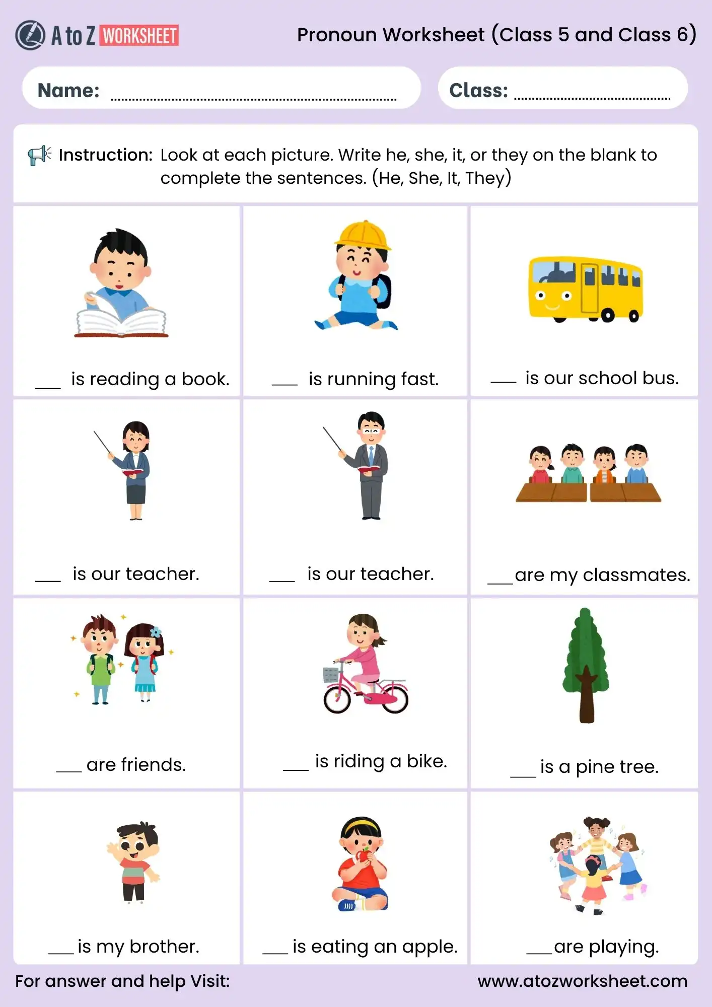 pronoun worksheets for class 5 and class 6 picture based activity