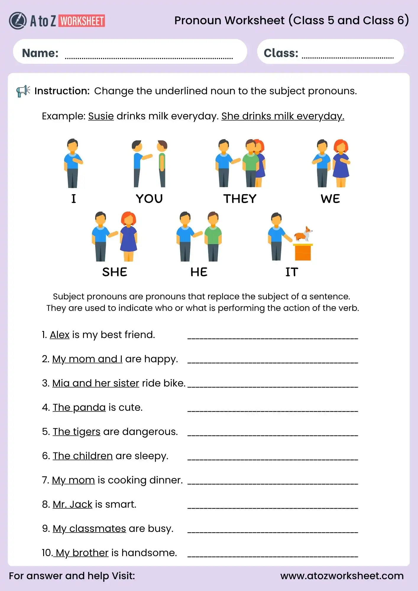 pronoun worksheets for class 5 and class 6 change noun to pronoun activity