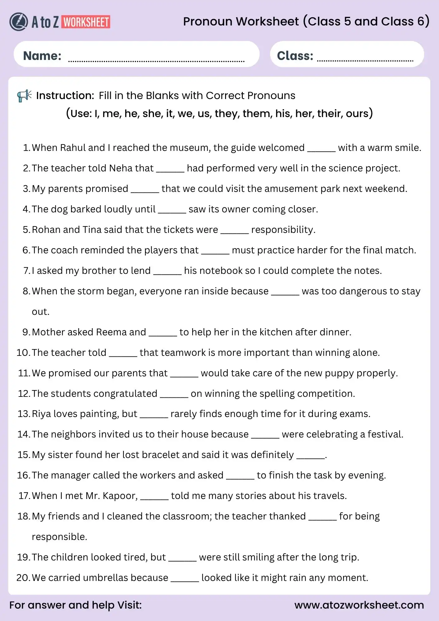pronoun worksheets for class 5 and class 6 fill in blanks exercise