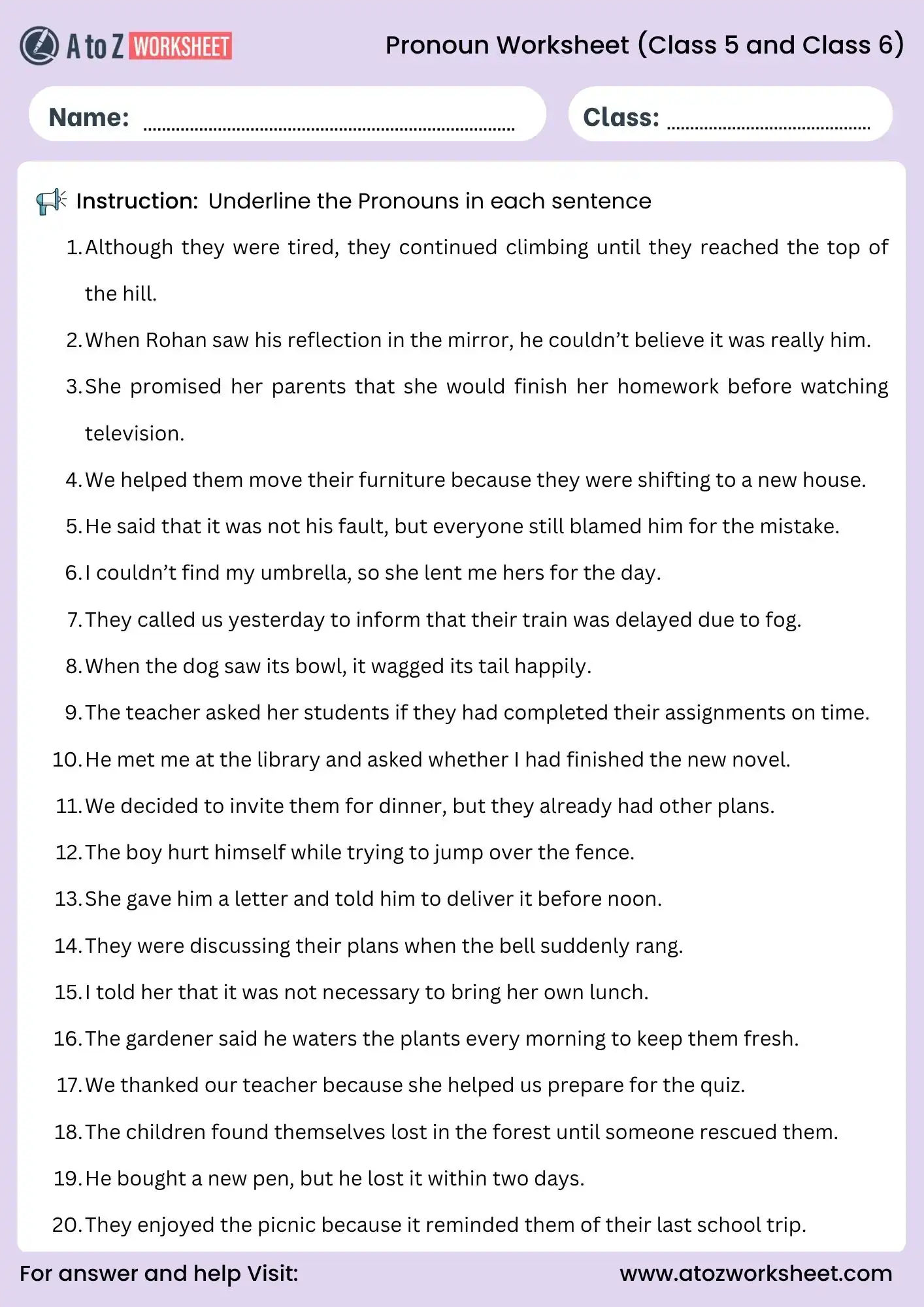 pronoun worksheets for class 5 and class 6 underline pronouns practice