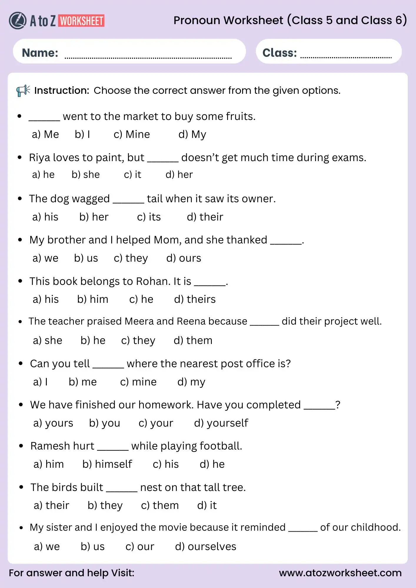pronoun worksheets for class 5 and class 6 multiple choice questions