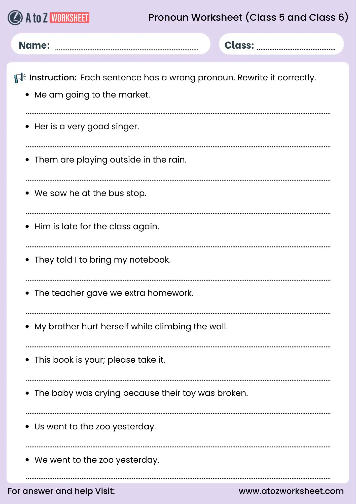 pronoun worksheets for class 5 and class 6 sentence correction grammar