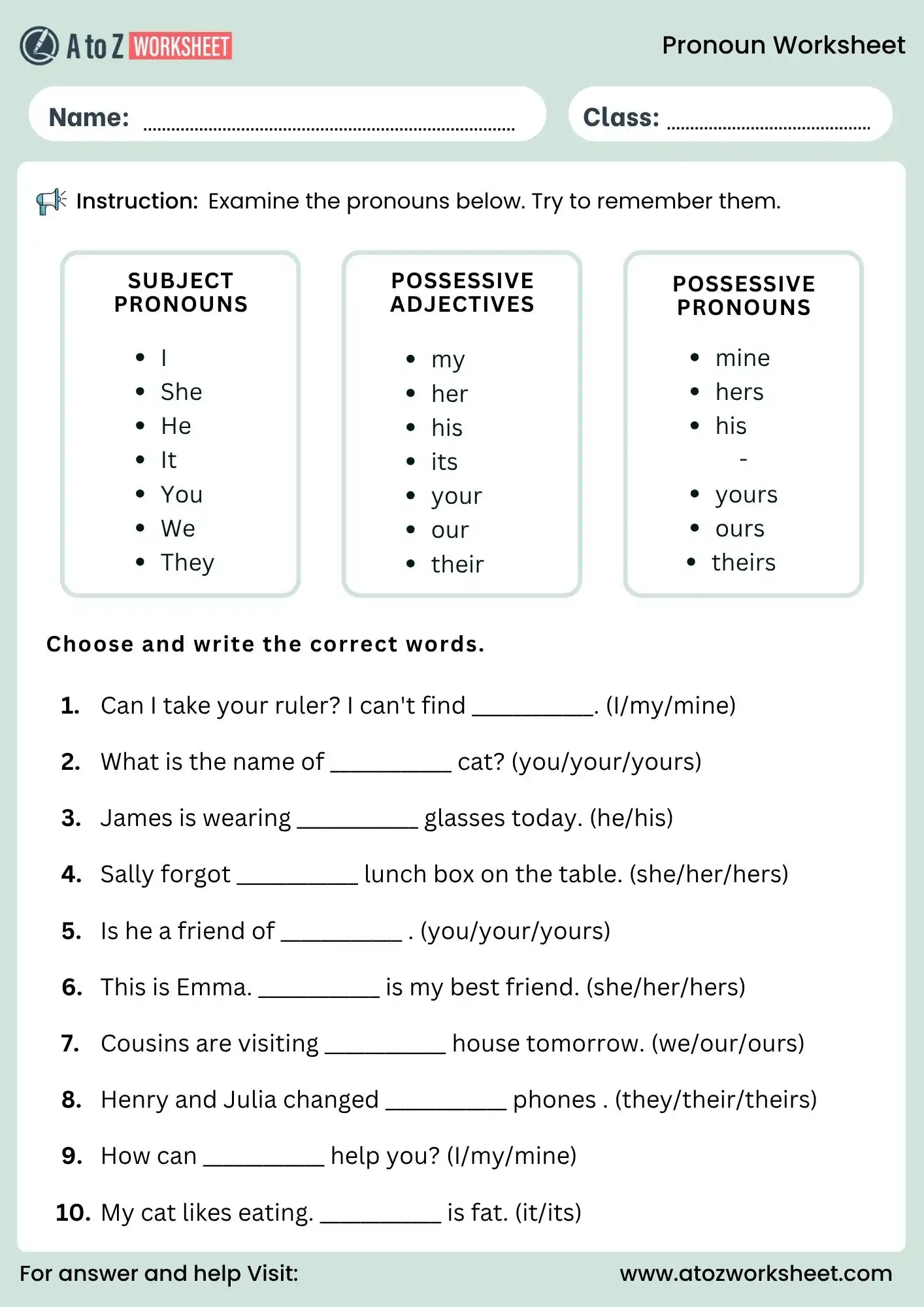 pronouns worksheets for class 2 possessive pronoun exercise