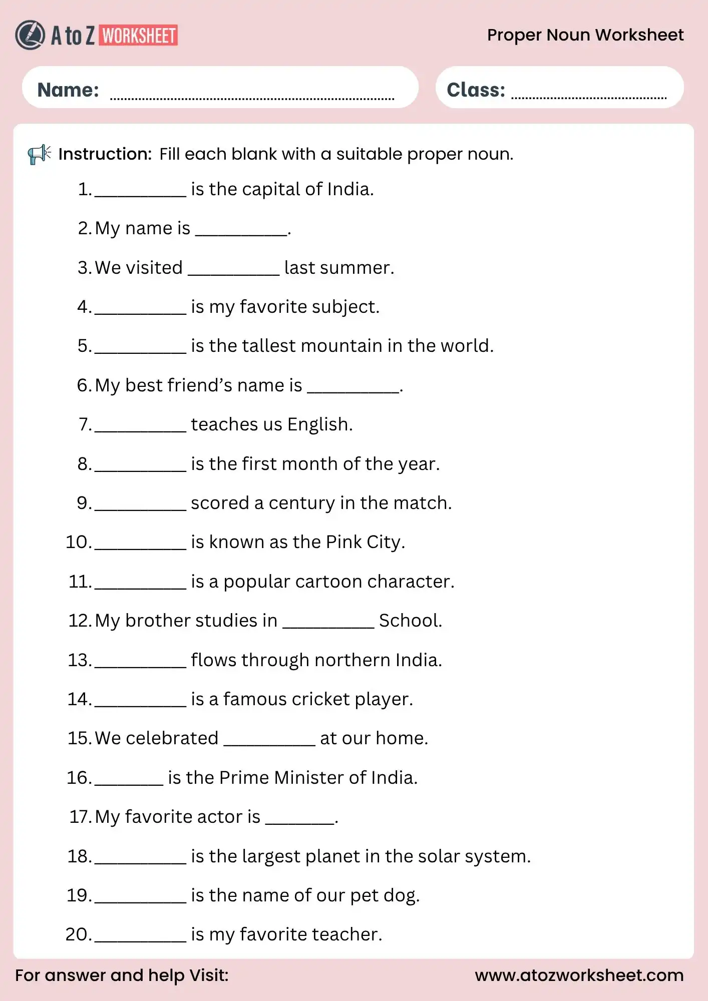 proper nouns worksheets fill in the blanks exercise for grade 2 to 4 students