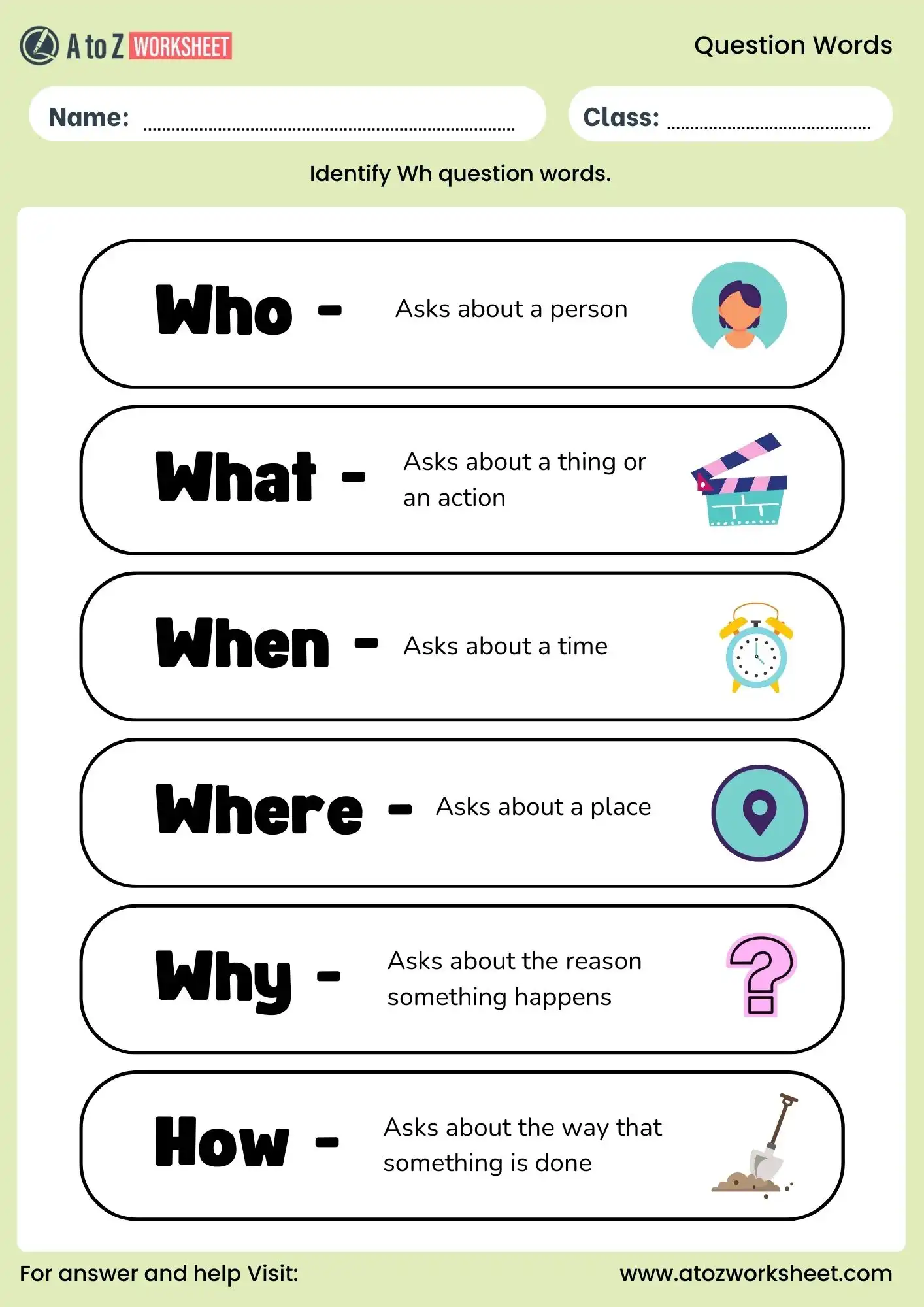 question words worksheet with answers for class 1 to class 5