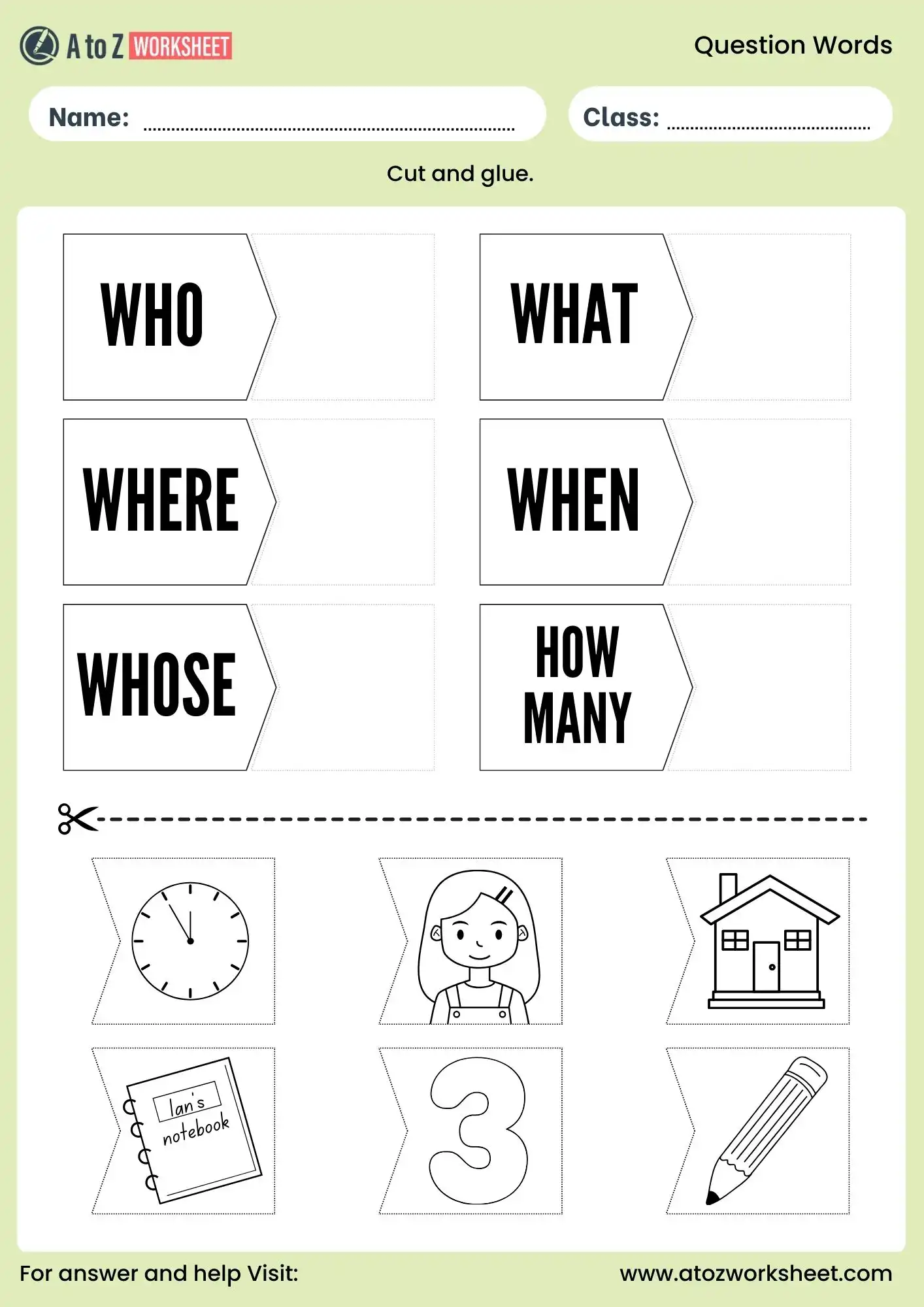 question words worksheet cut and paste activity for kids