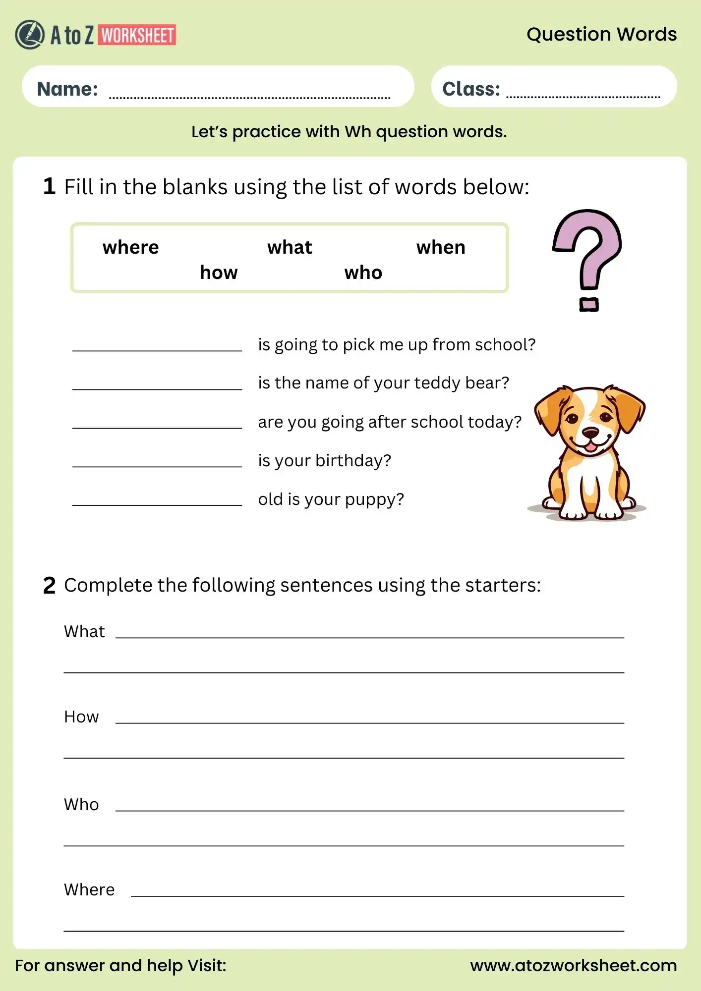 question words worksheet practice activity for class 2