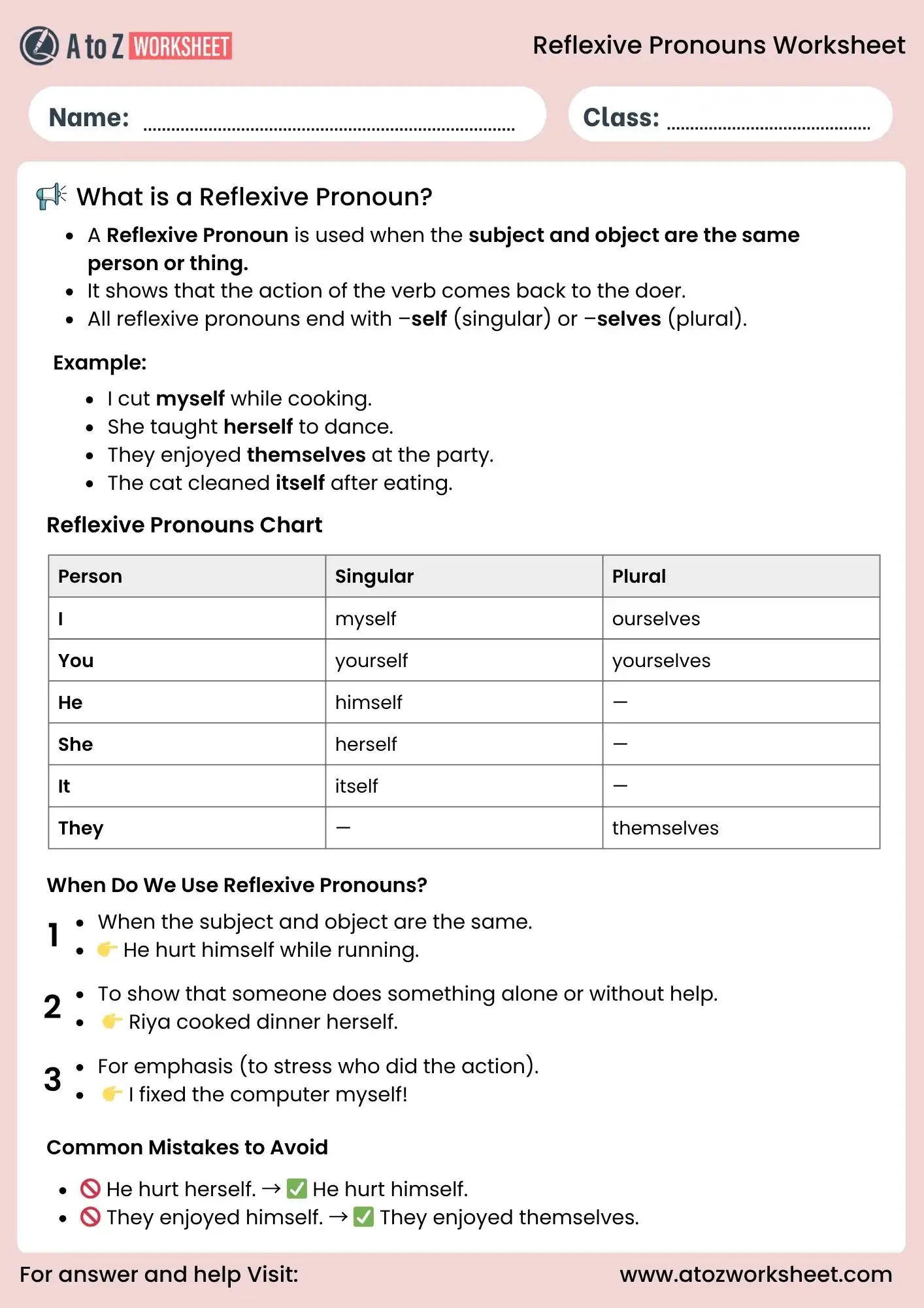 reflexive pronouns worksheets for class 3 grammar practice