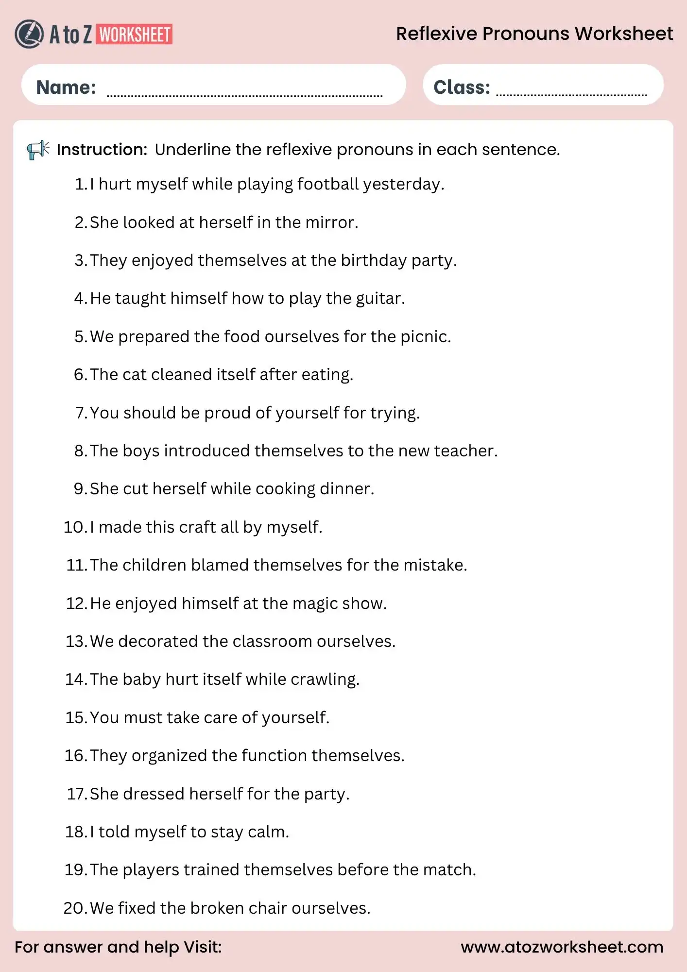 reflexive pronouns worksheets for class 4 english activity