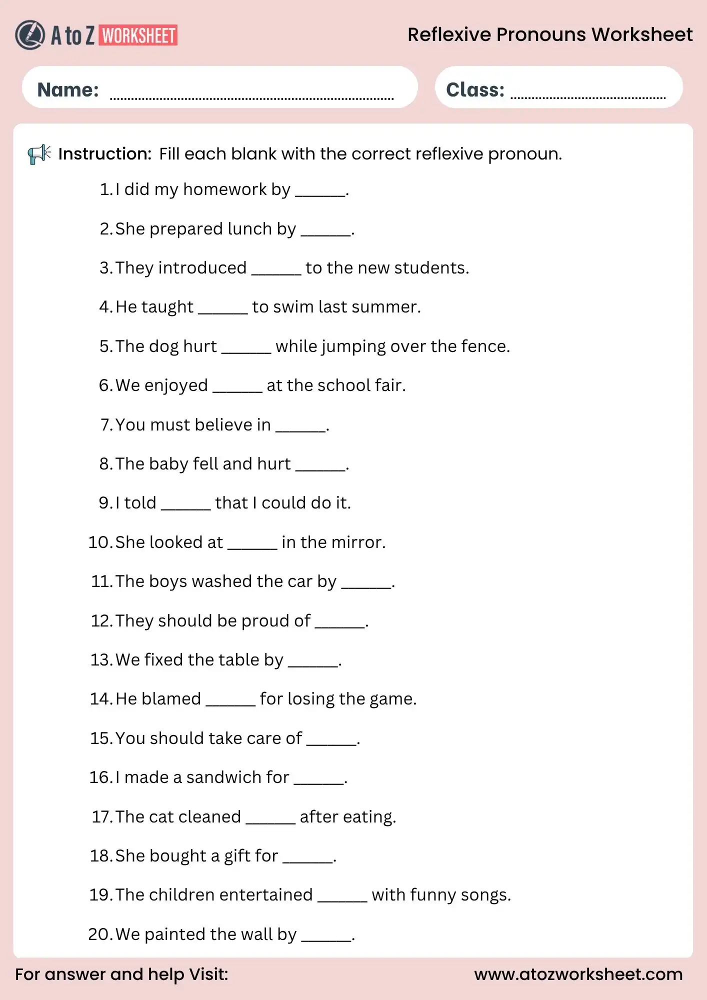 reflexive pronouns worksheets for class 5 fill in the blanks activity