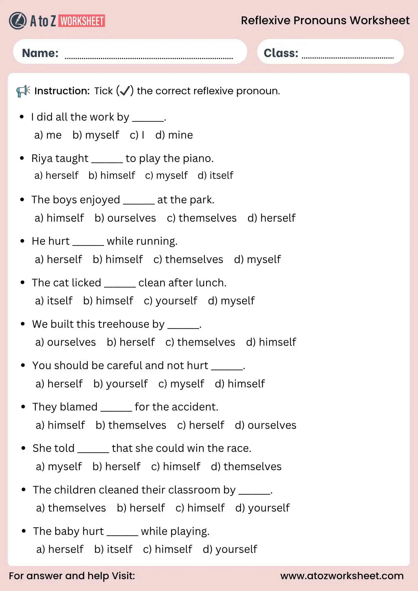 reflexive pronouns worksheets for class 5 multiple choice questions