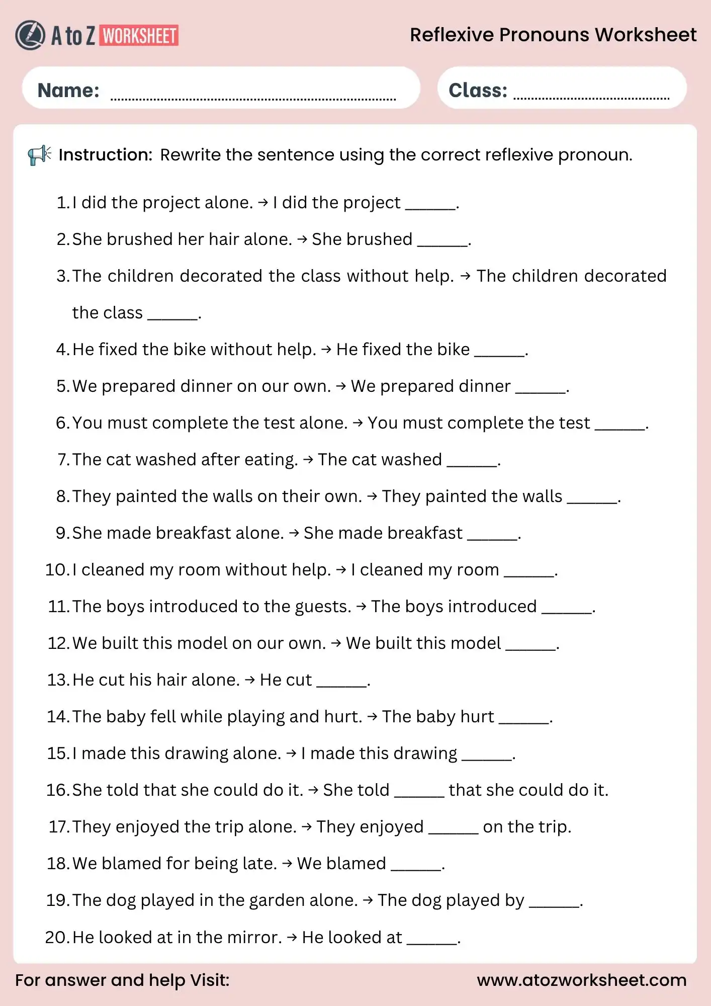 reflexive pronouns worksheets for class 6 rewrite activity