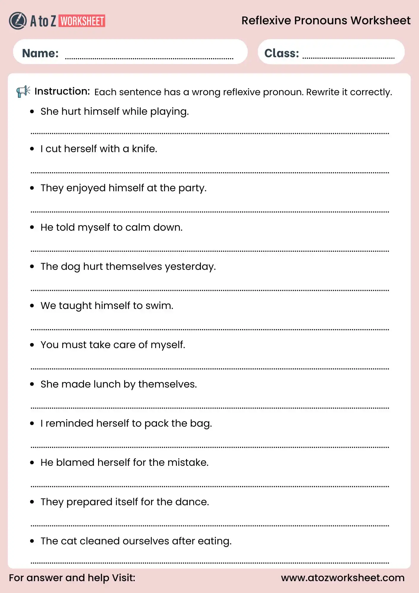 reflexive pronouns worksheets correction practice for students