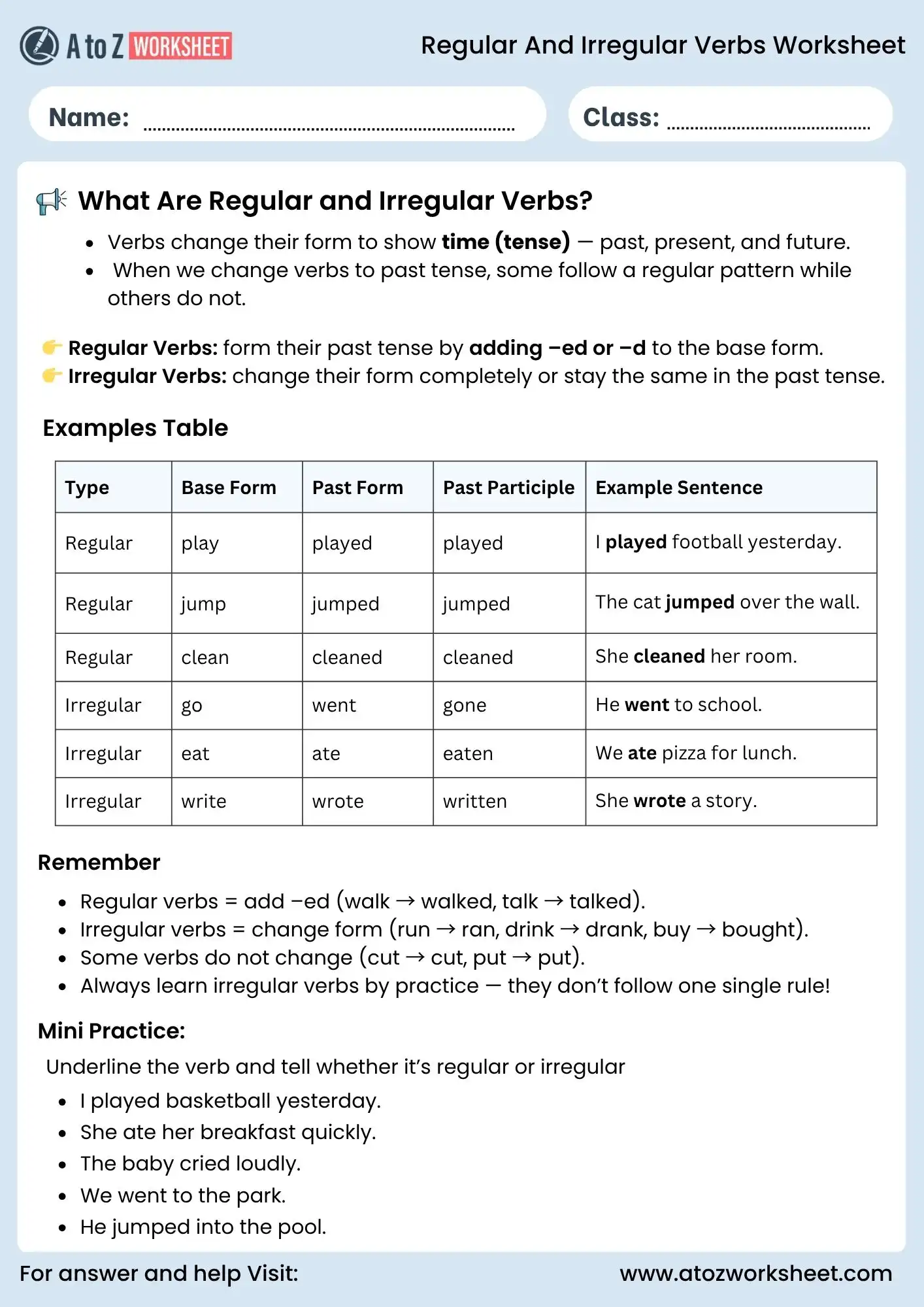 regular and irregular verbs worksheets examples for grade 4 and 5